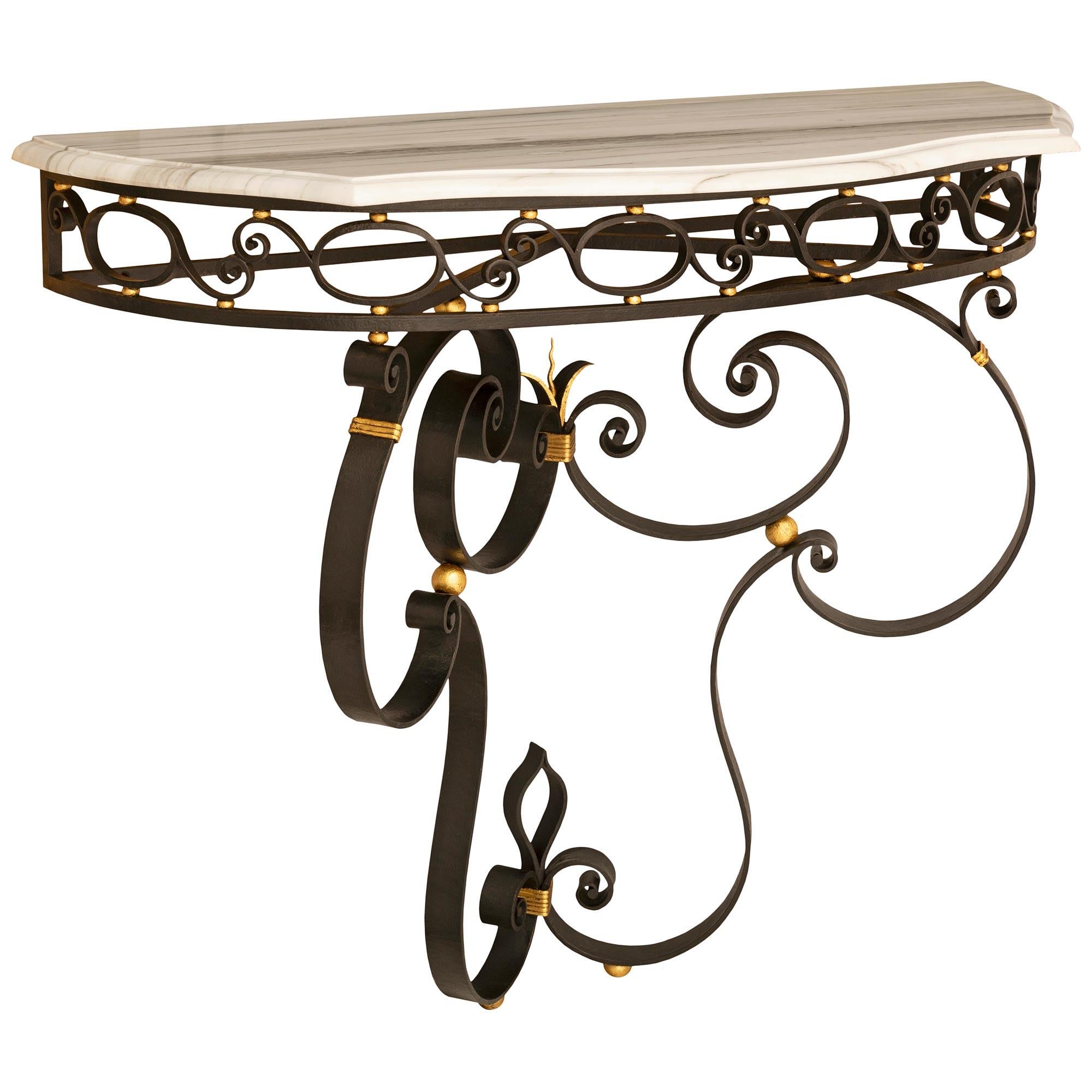 Other A French turn of the century Wrought Iron, Gilt Metal and marble console For Sale