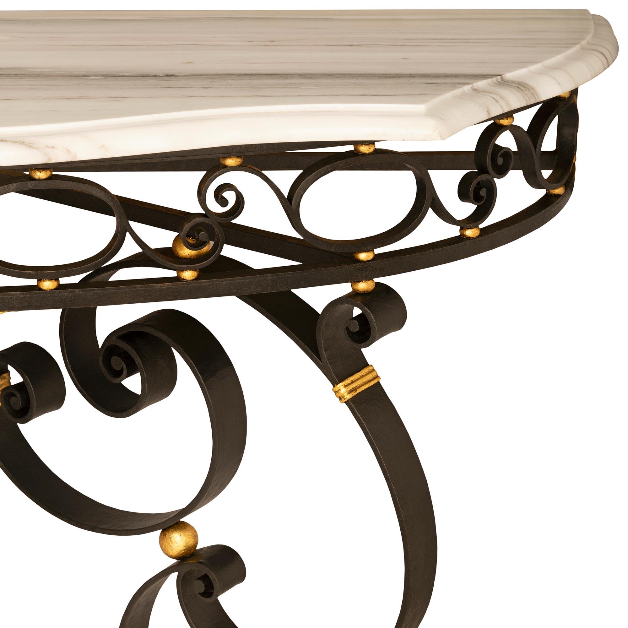 20th Century A French turn of the century Wrought Iron, Gilt Metal and marble console For Sale