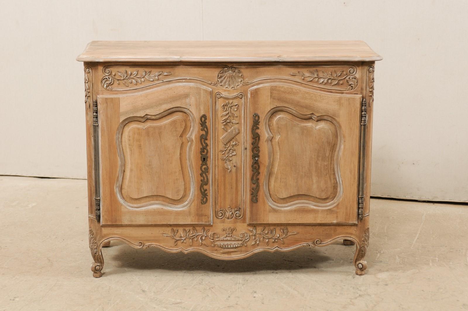 French Two-Paneled Door & Nicely Carved Bleached Wood Cabinet, Mid-20th Century 1