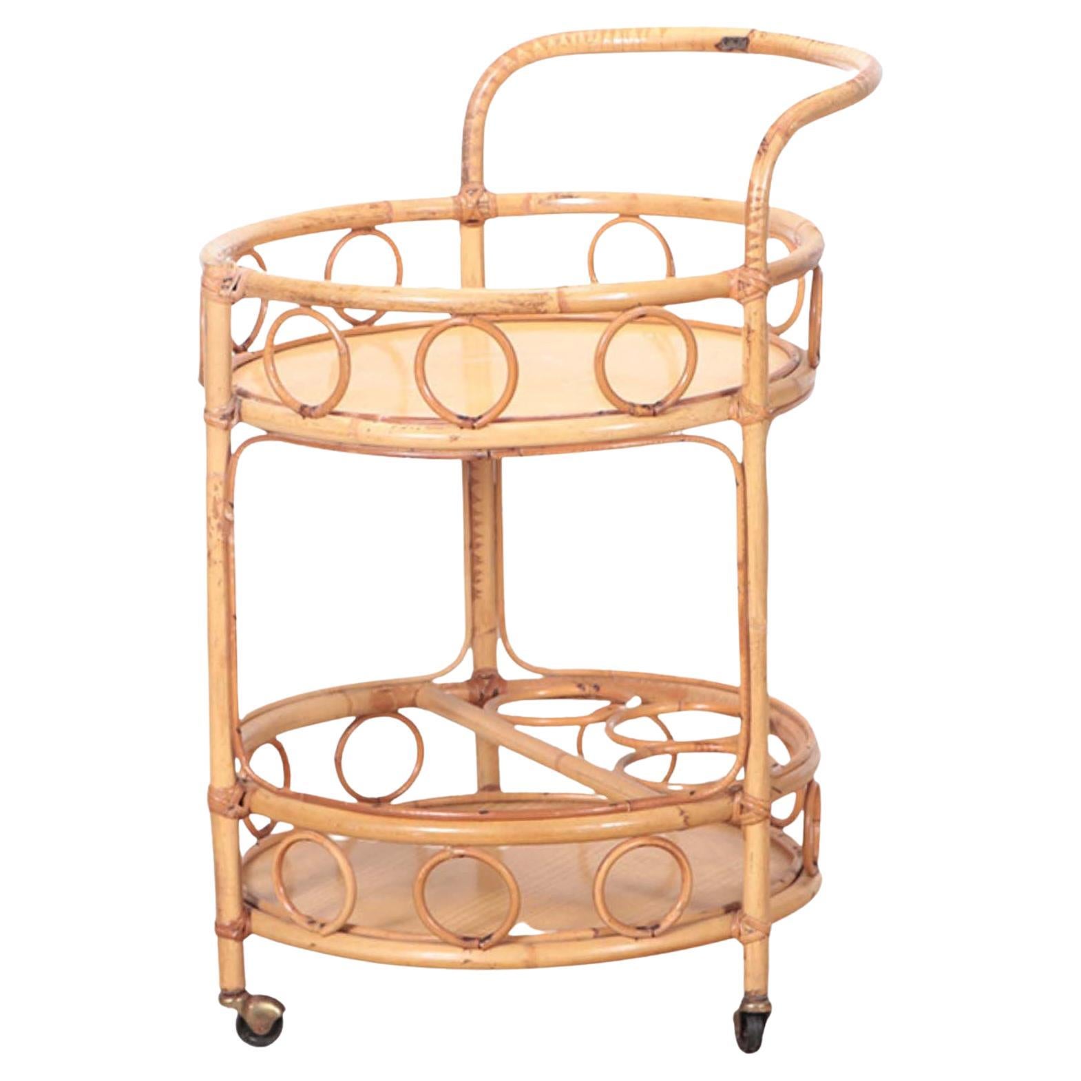 French Two Tier Rattan Bar Cart on Wheels, circa 1960 For Sale