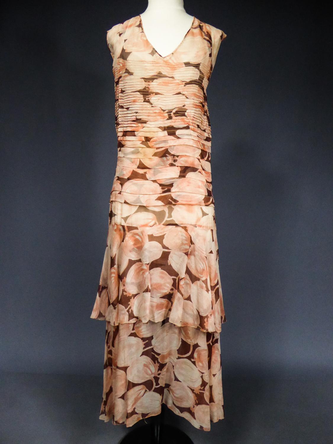 Beige A French Printed Chiffon Couture Dress Circa 1930/1940 For Sale