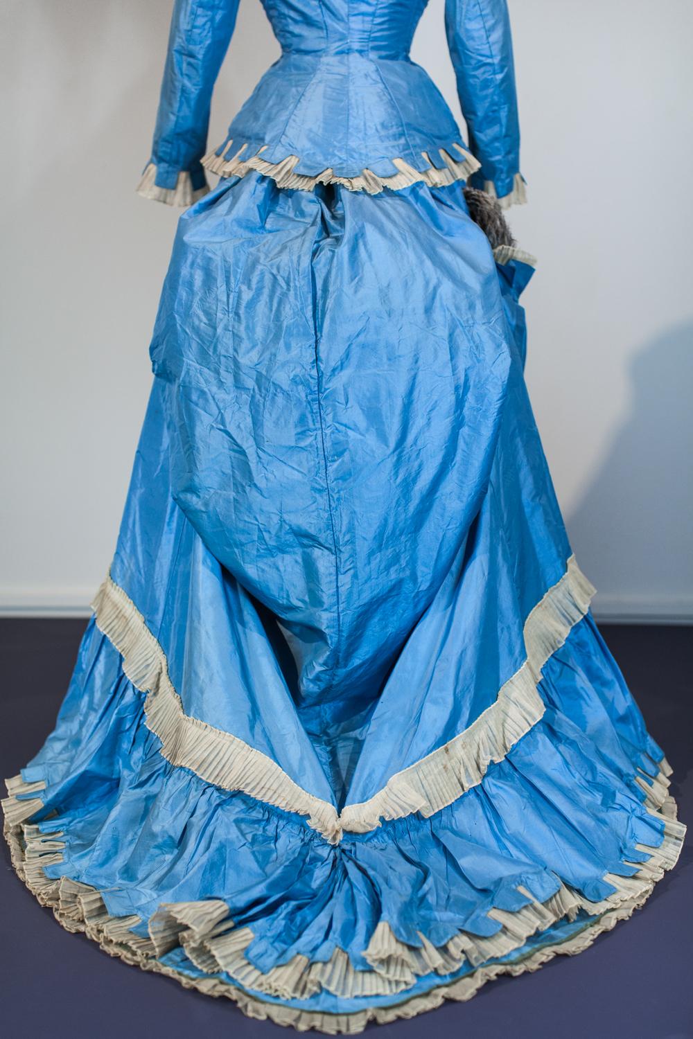 A French Victorian Bustle Day Dress and Pouf in Sky-blue Taffeta Circa 1875 2