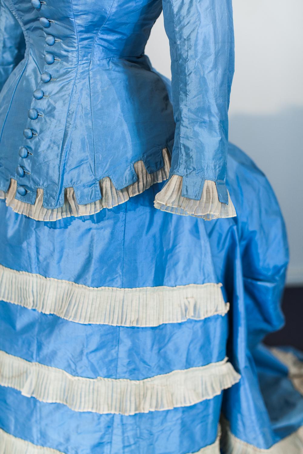 Blue A French Victorian Bustle Day Dress and Pouf in Sky-blue Taffeta Circa 1875