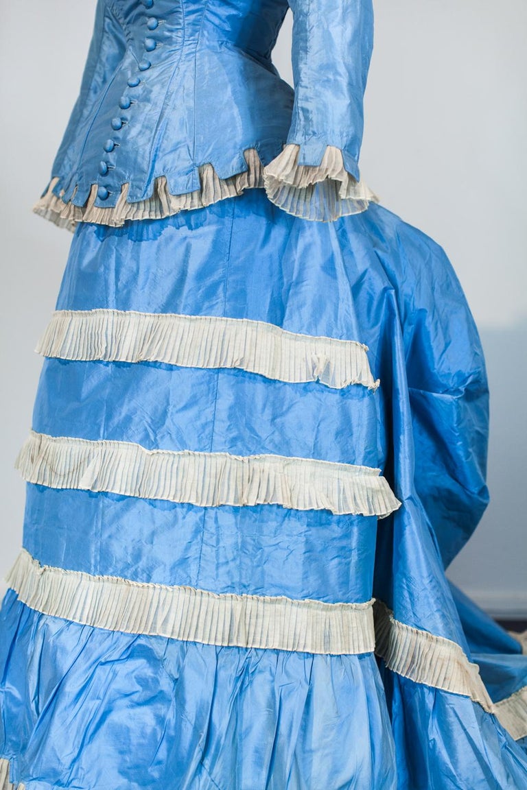 A French Victorian Bustle Day Dress and Pouf in Sky-blue Taffeta Circa 1875  at 1stDibs