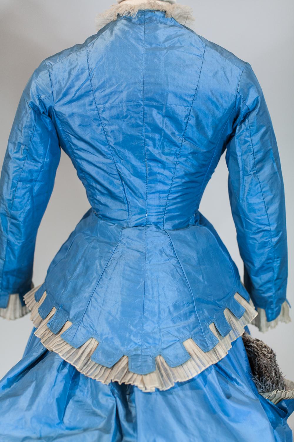 A French Victorian Bustle Day Dress and Pouf in Sky-blue Taffeta Circa 1875 1