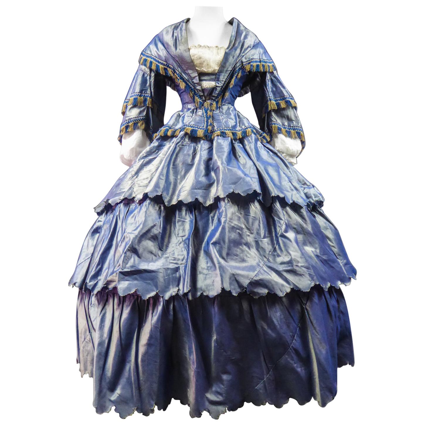 A French Victorian Crinoline Dress with Changing Taffeta Circa 1855.
