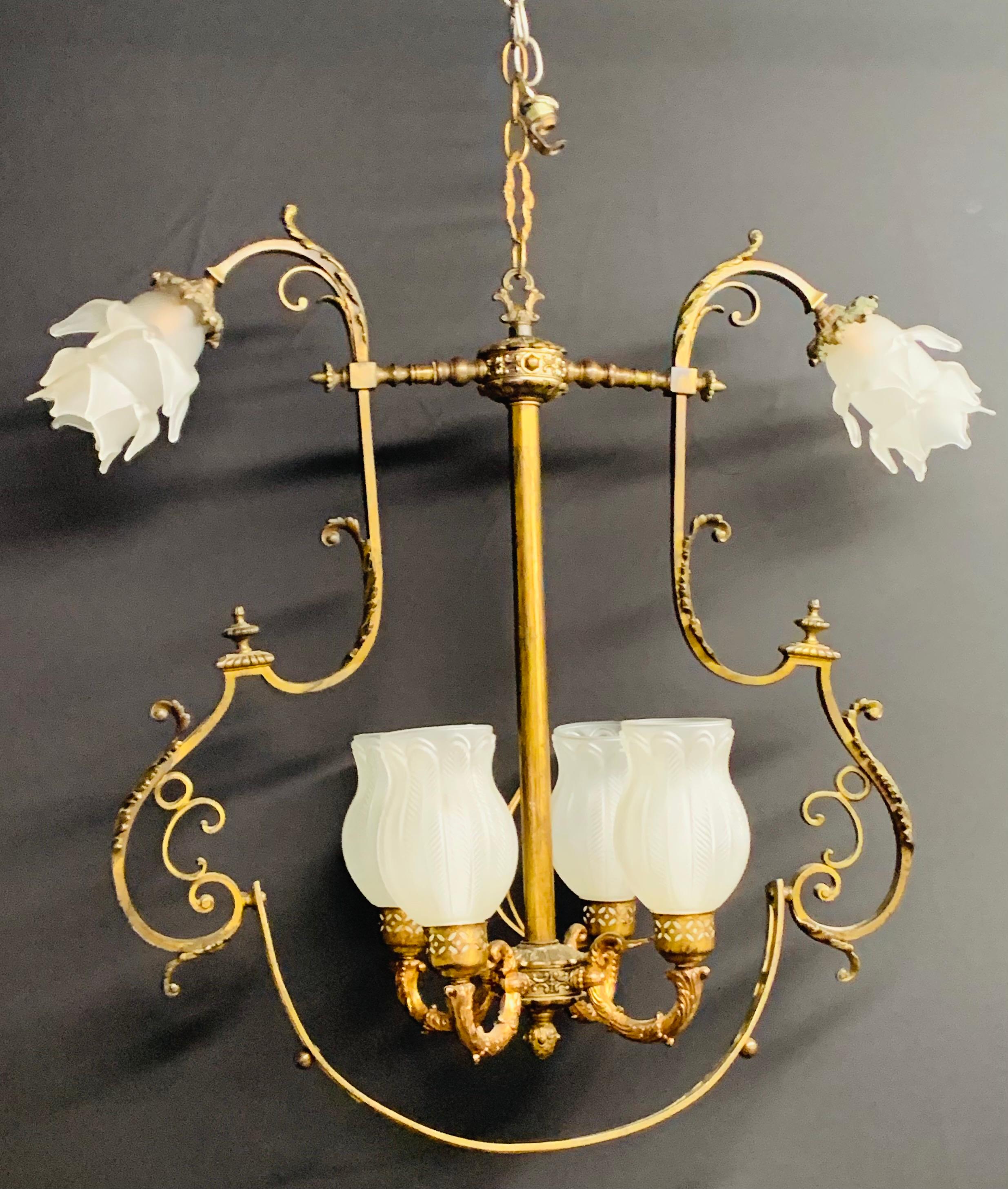 French Victorian Gasolier Bronze Chandelier or Fixture with Original Shades 16