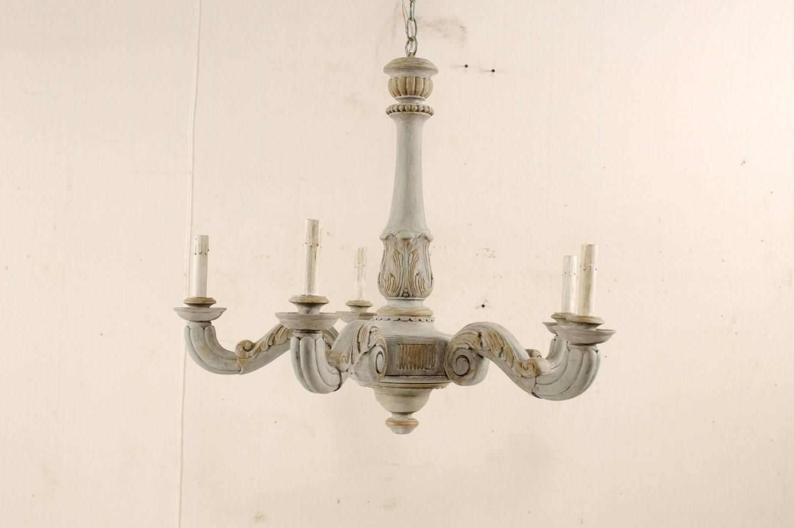 20th Century French Vintage Carved and Painted Wood Chandelier with Acanthus Leaf Motifs