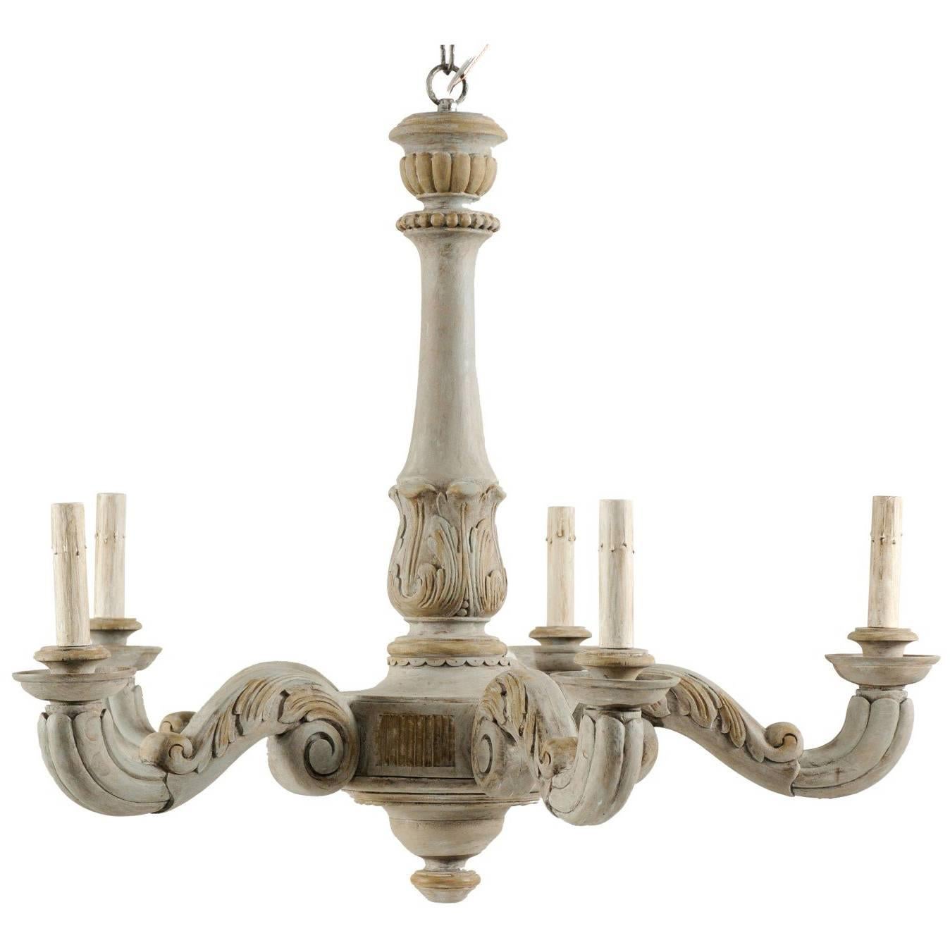 French Vintage Carved and Painted Wood Chandelier with Acanthus Leaf Motifs