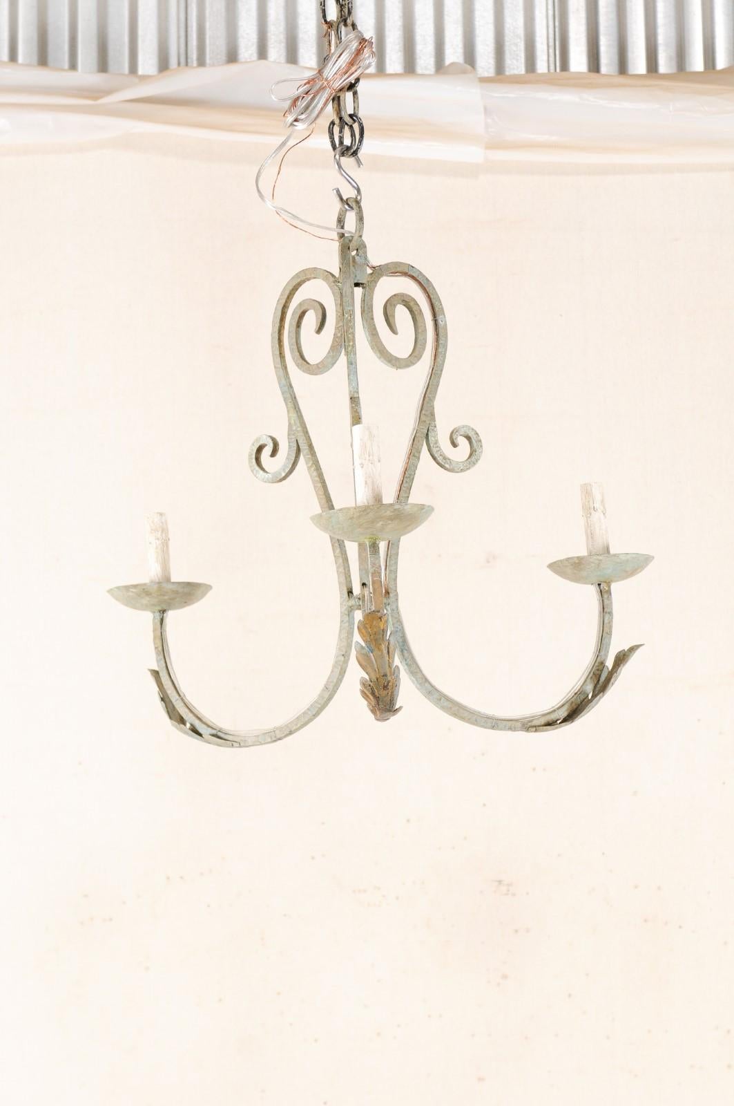 French Vintage Painted Iron Three-Light Chandelier In Good Condition In Atlanta, GA