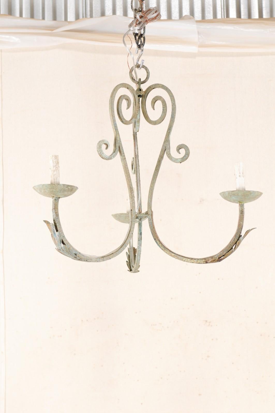 French Vintage Painted Iron Three-Light Chandelier 2