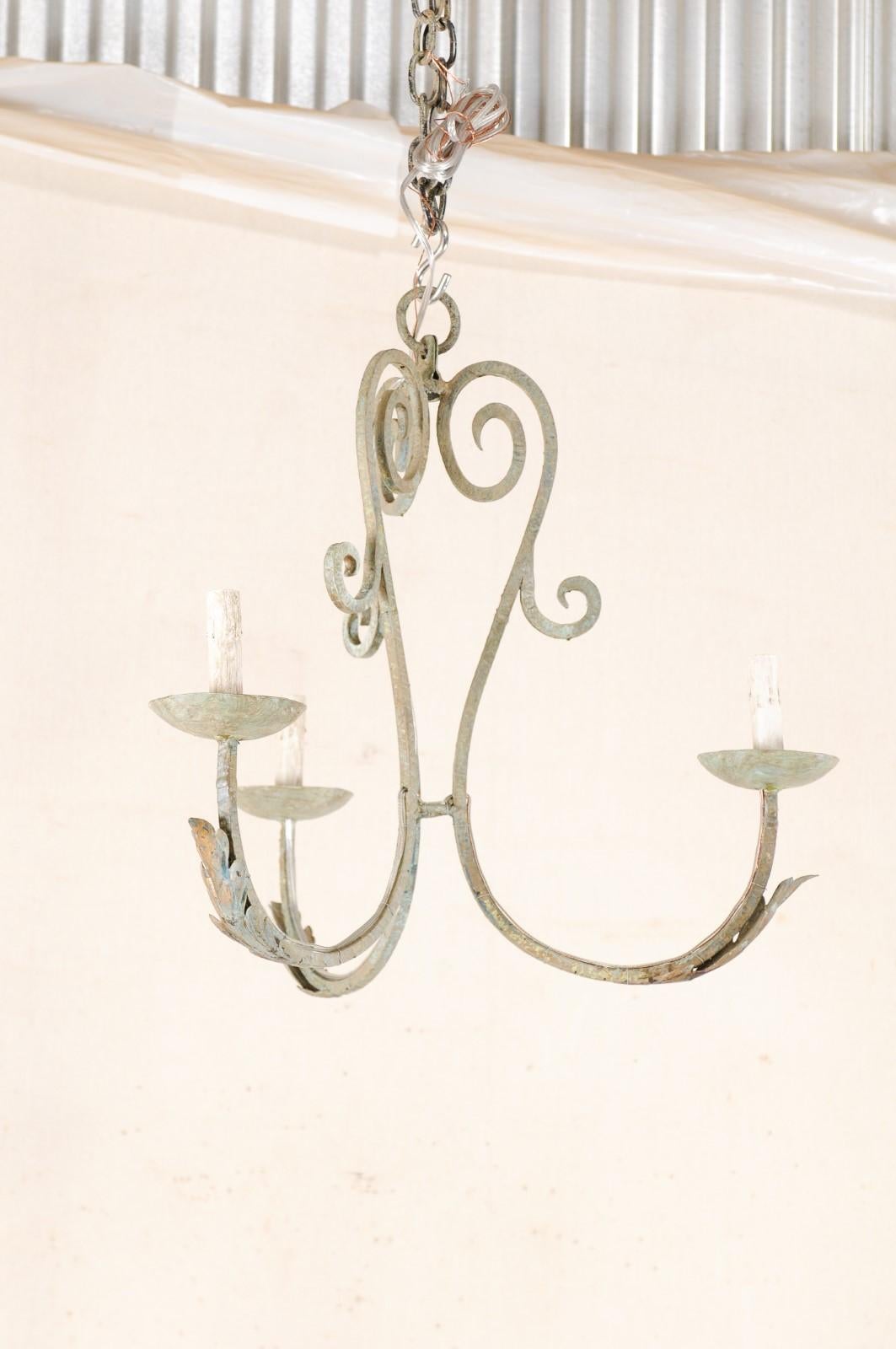 French Vintage Painted Iron Three-Light Chandelier 4