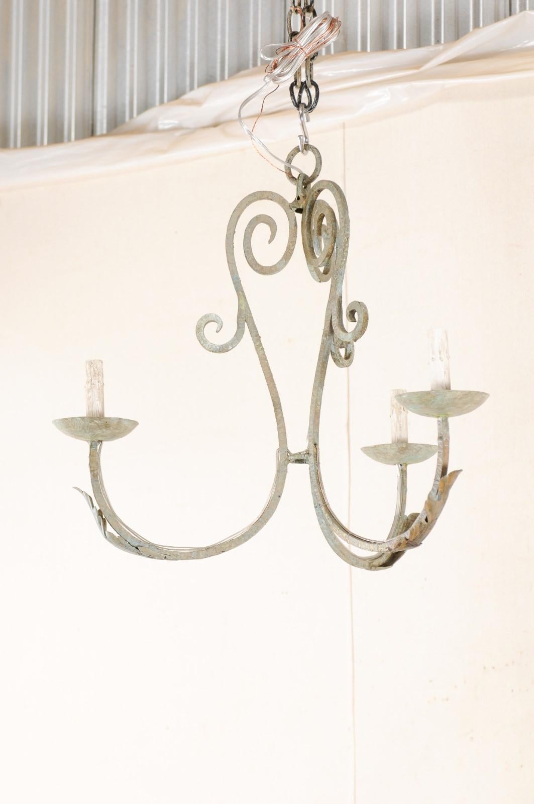 French Vintage Painted Iron Three-Light Chandelier 5