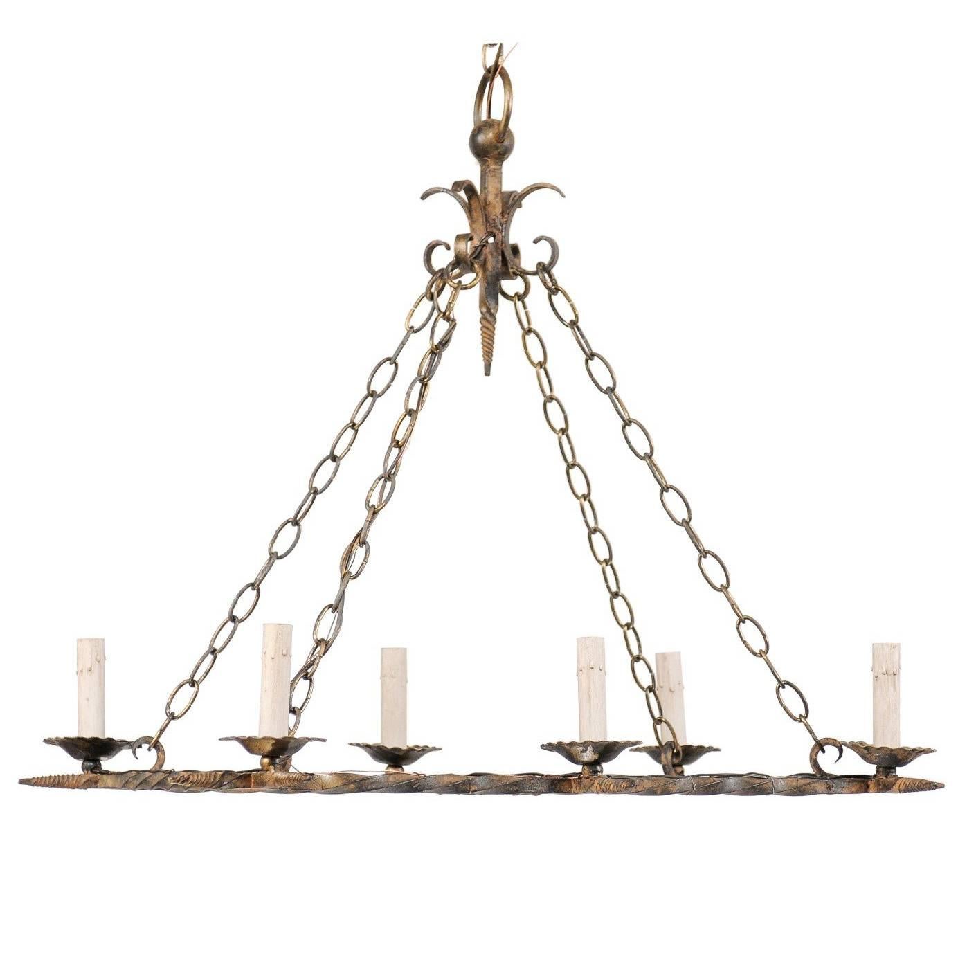 French Vintage Rectangular Six-Light Iron Chandelier Brushed in Gold Color For Sale