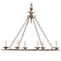French Antique Rectangular Six-Light Iron Chandelier Brushed in Gold Color