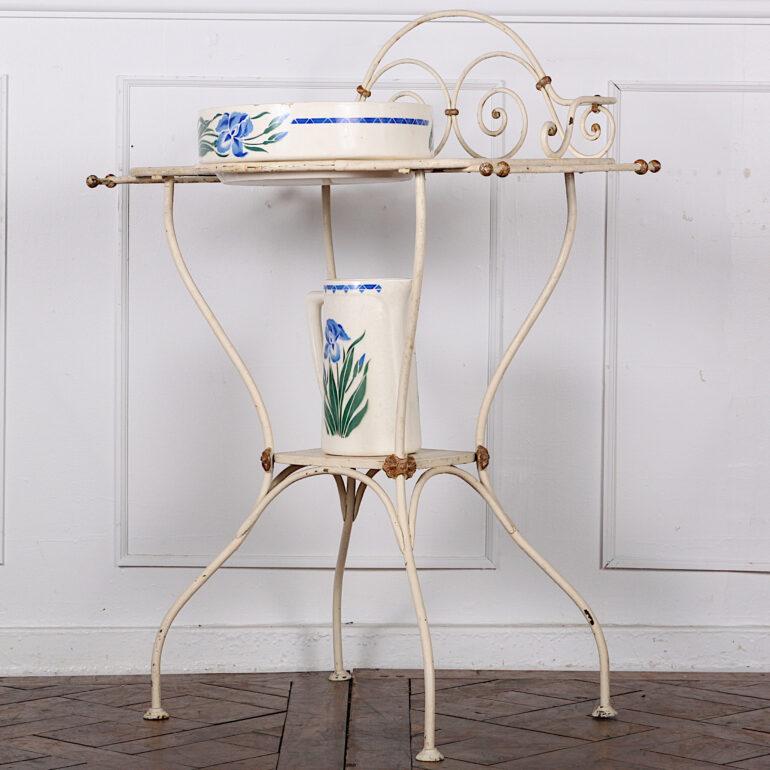 Art Nouveau French Wrought Iron and Painted Washstand with Jug and Bowl For Sale