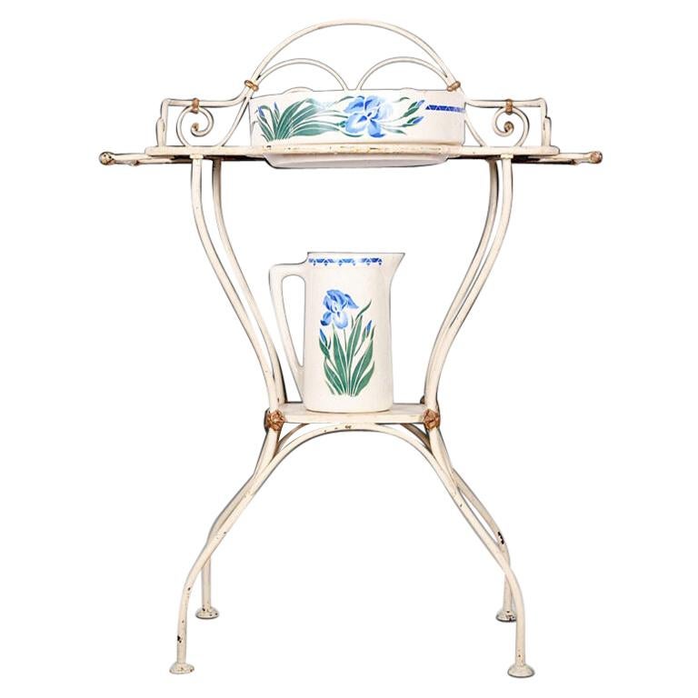 French Wrought Iron and Painted Washstand with Jug and Bowl For Sale