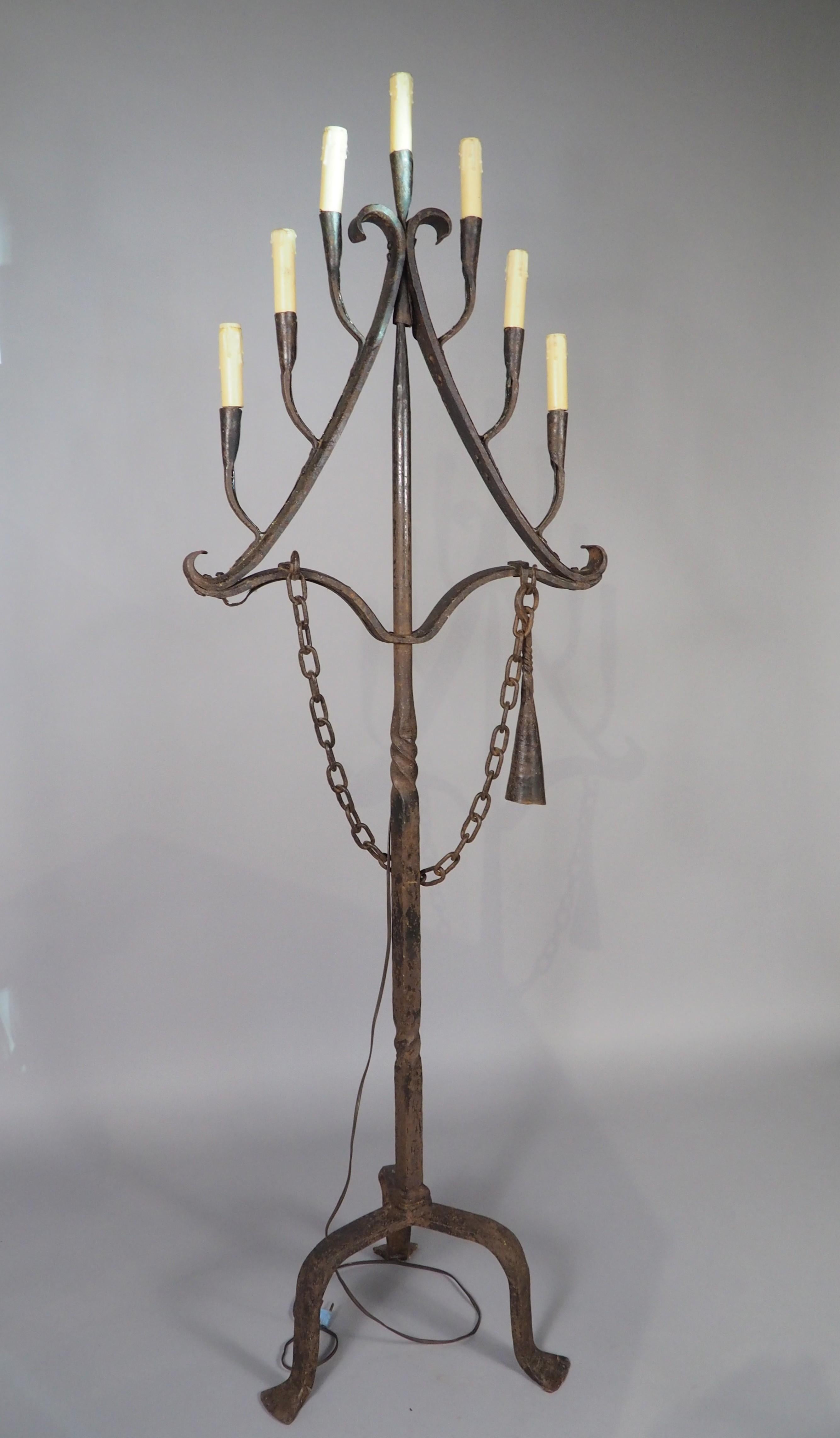 A French Wrought Iron Floor Candelabra with Candle Snuffer, Late 19th Century For Sale 12