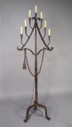 A French Wrought Iron Floor Candelabra with Candle Snuffer, Late 19th Century