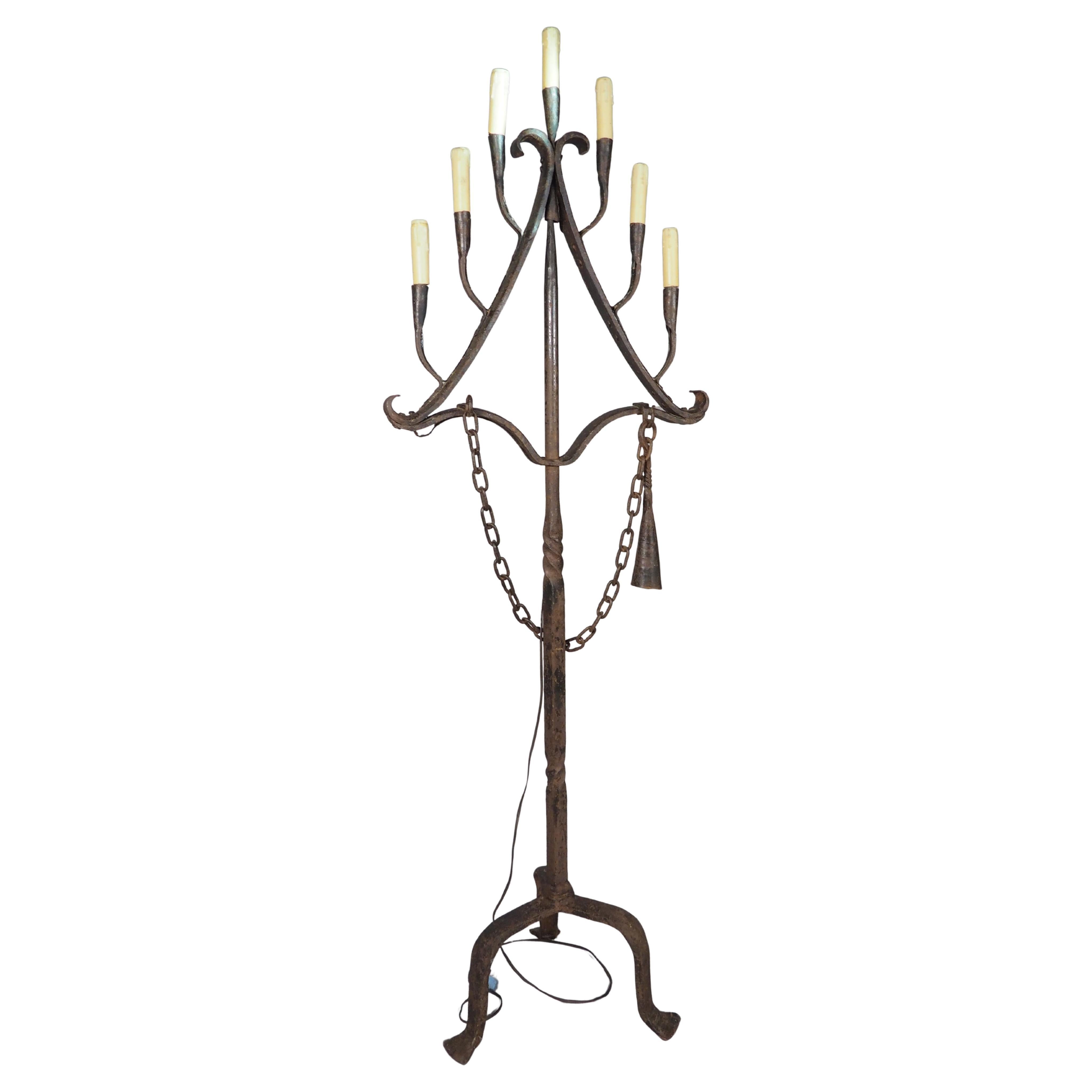 A French Wrought Iron Floor Candelabra with Candle Snuffer, Late 19th Century For Sale