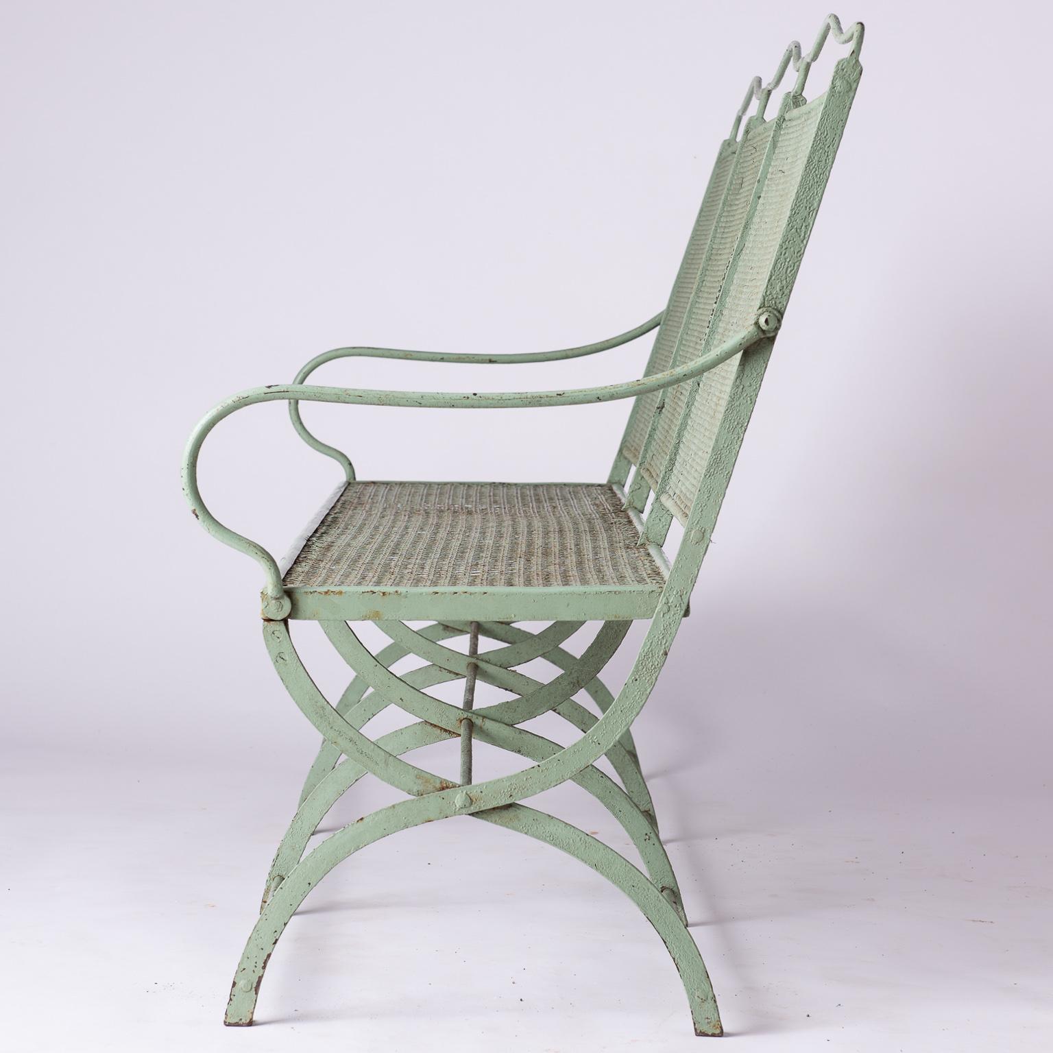 French Wrought Iron Garden Bench with Old Green Paint, circa 1920 For Sale 1
