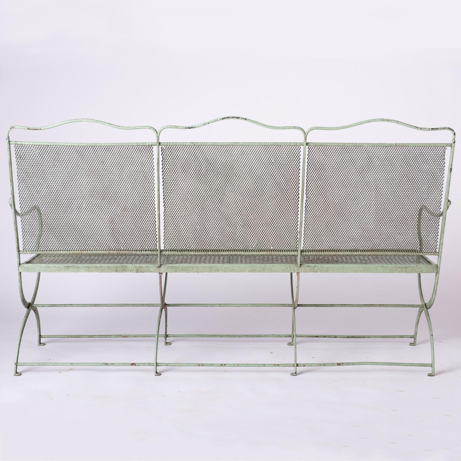 French Wrought Iron Garden Bench with Old Green Paint, circa 1920 For Sale 4