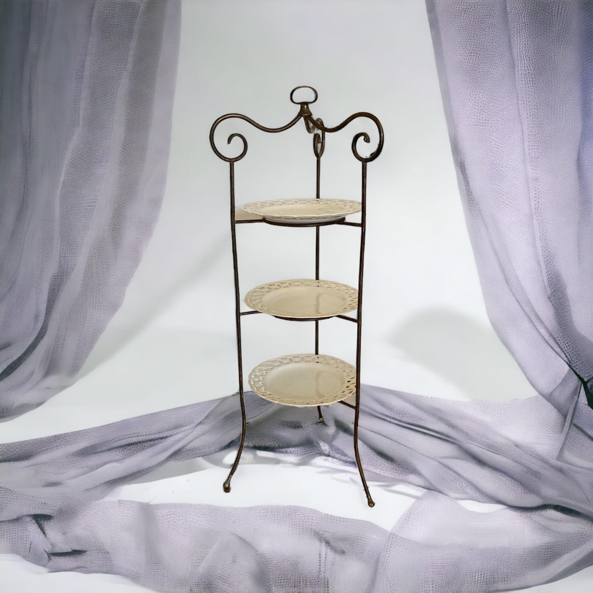 A French Wrought Iron three tier cake stand with ornate porcelain plates For Sale 2