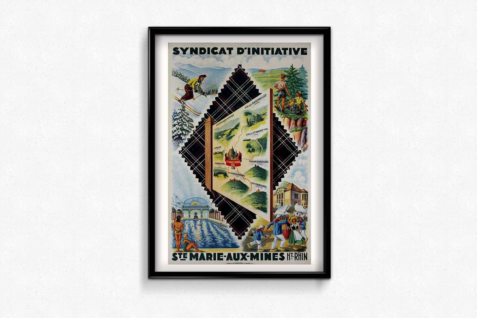 The circa 1930 original poster by A. Freppel promoting the Syndicat d'Initiative Sainte-Marie-aux-Mines offers a captivating glimpse into the charm and allure of this historic French town. Created during a period when travel posters were in vogue,