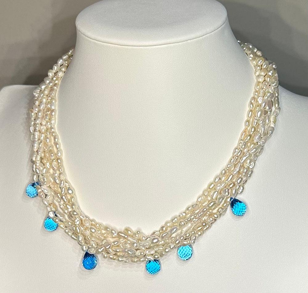 A Freshwater Keishi Pearl Necklace with Topaz Briolettes For Sale 4
