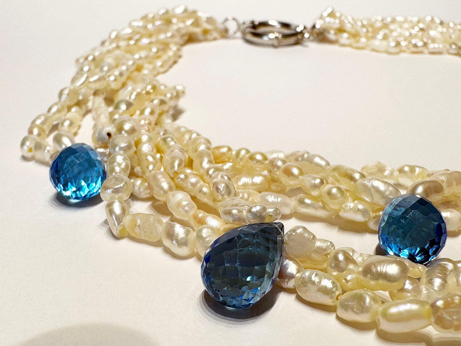 A Freshwater Keishi Pearl Necklace with Topaz Briolettes For Sale 3