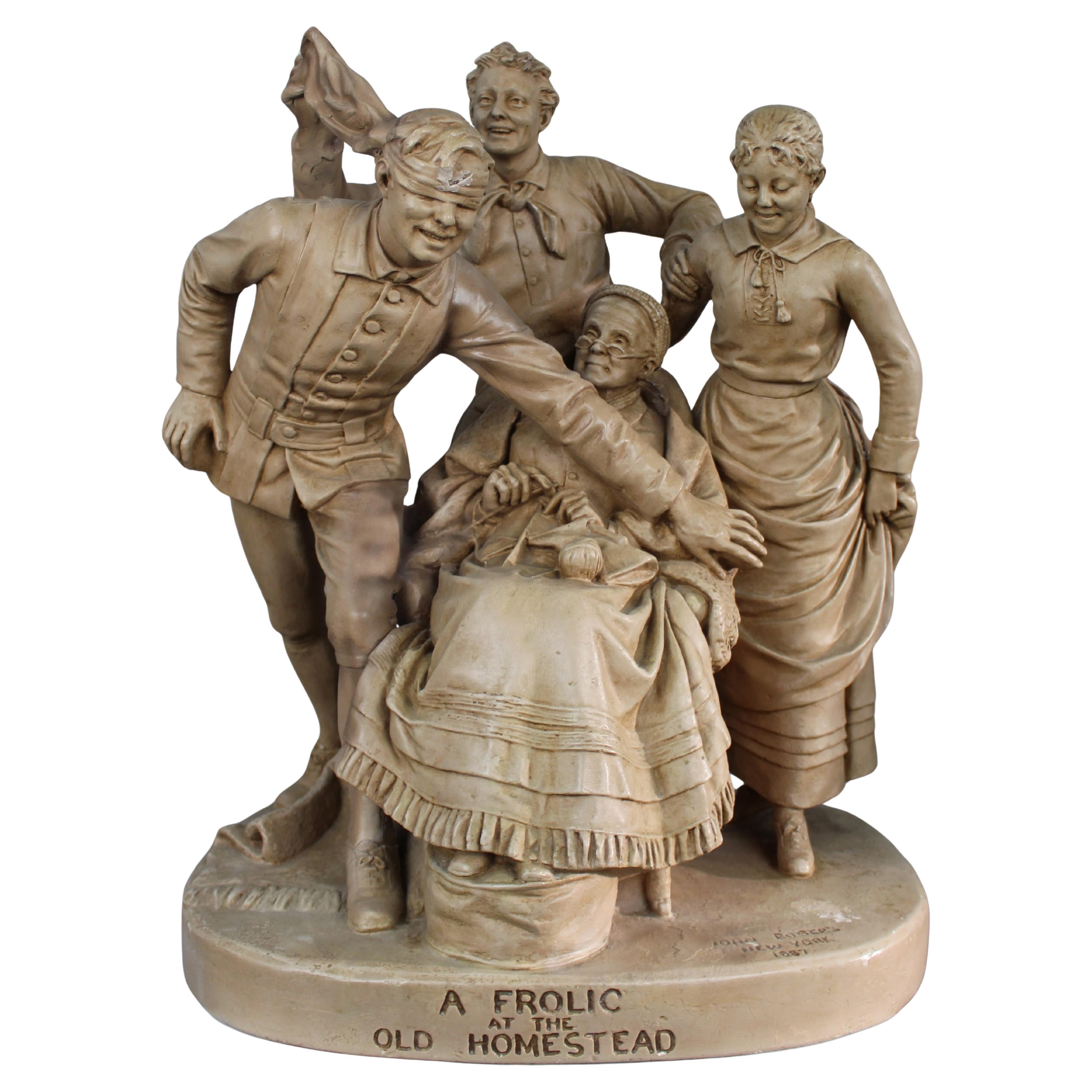 "A Frolic at the Old Homestead" by John Rogers, 1881 – Antique Painted Plaster For Sale
