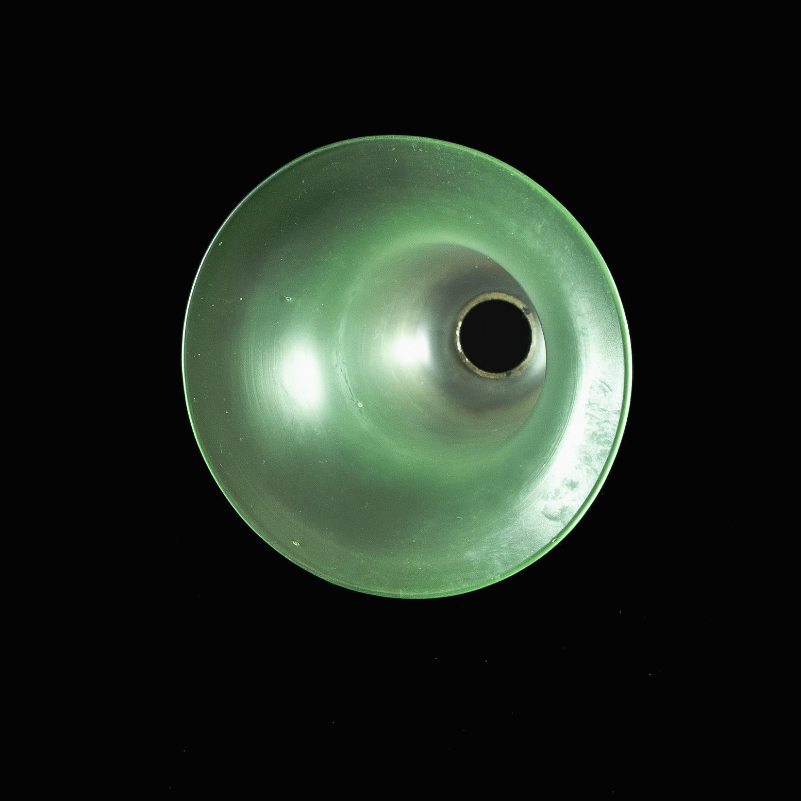 British A Frosted Vaseline Glass Shade with Green-Tinted Flared Bell Shaped Rim For Sale