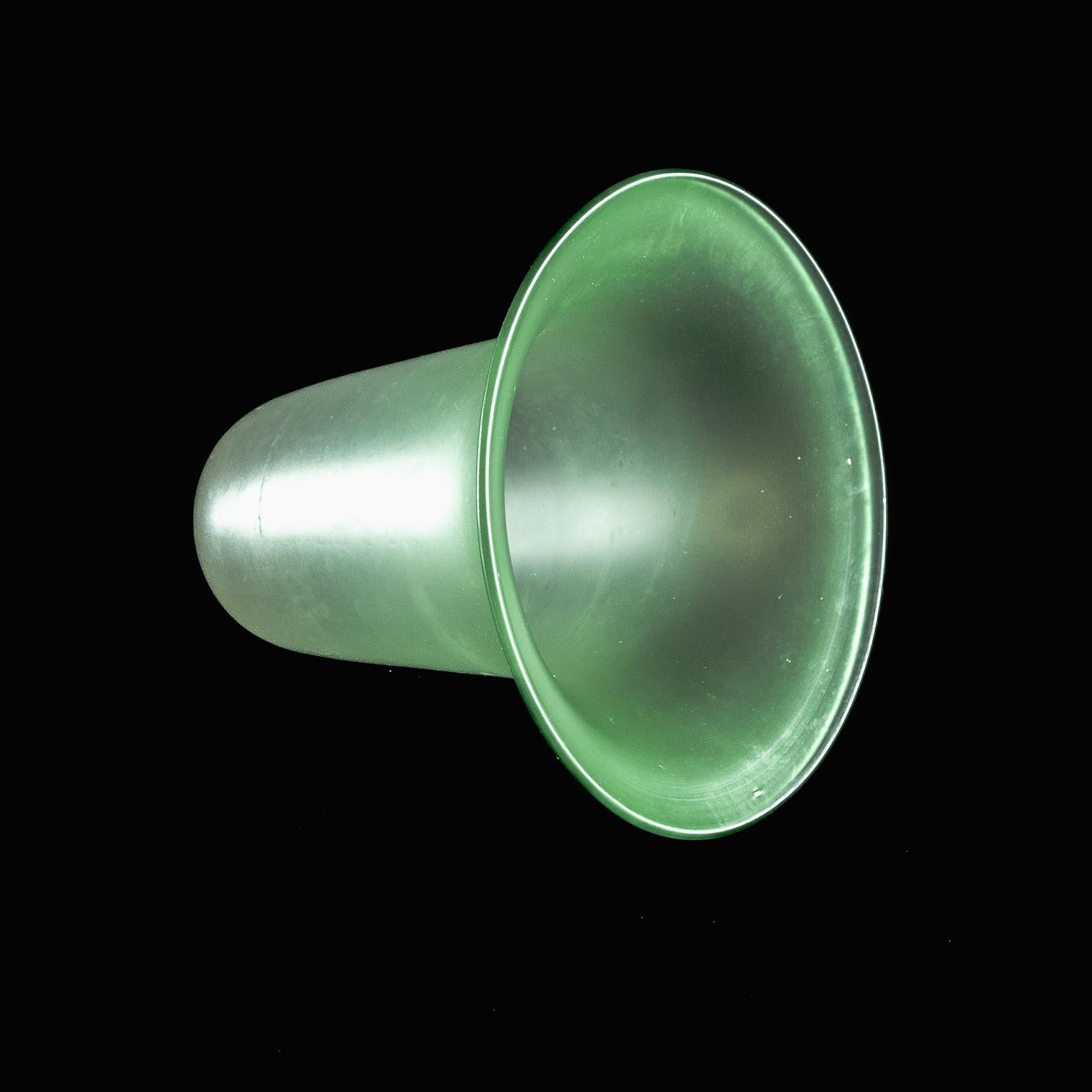 Hand-Crafted A Frosted Vaseline Glass Shade with Green-Tinted Flared Bell Shaped Rim For Sale