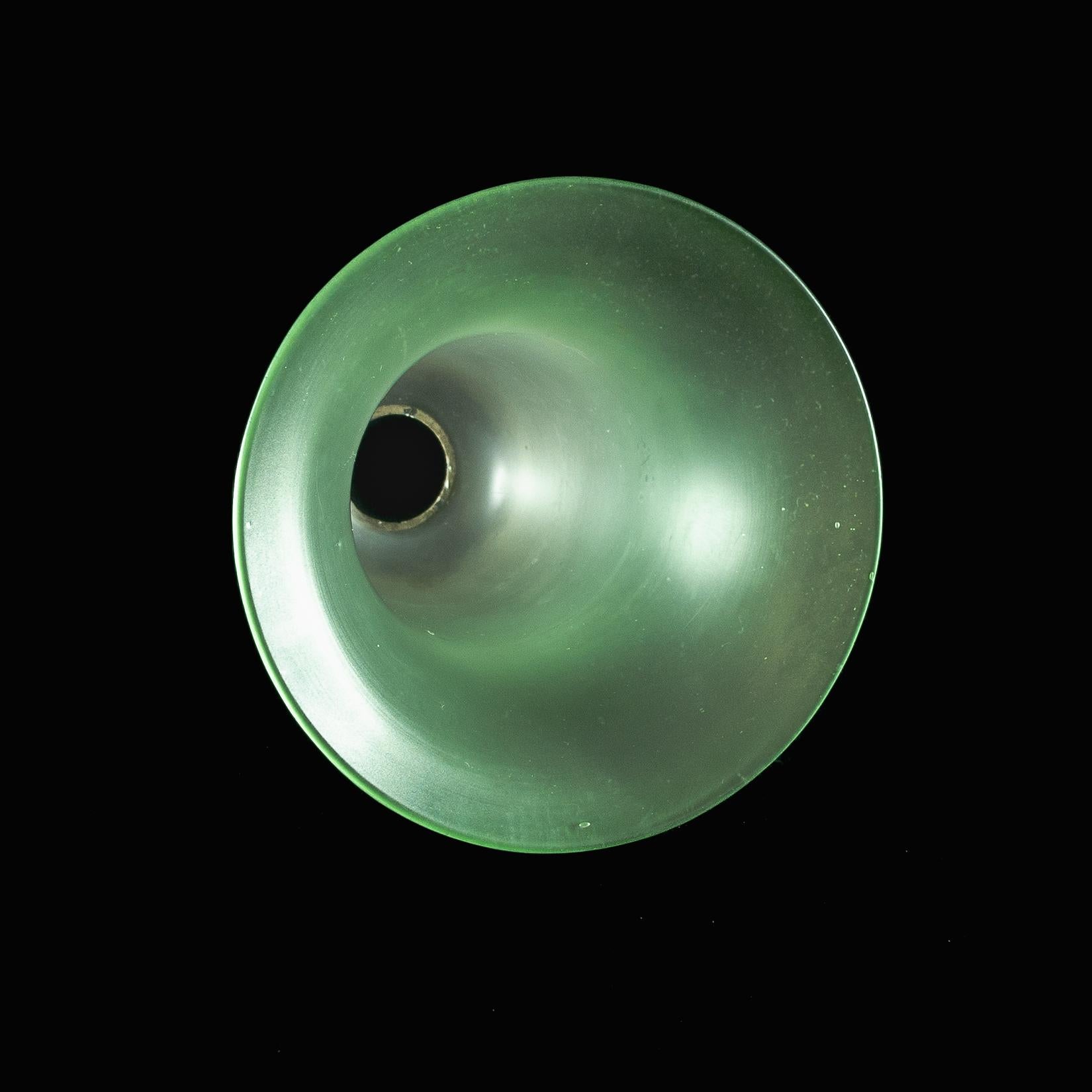 A Frosted Vaseline Glass Shade with Green-Tinted Flared Bell Shaped Rim In Good Condition For Sale In London, GB