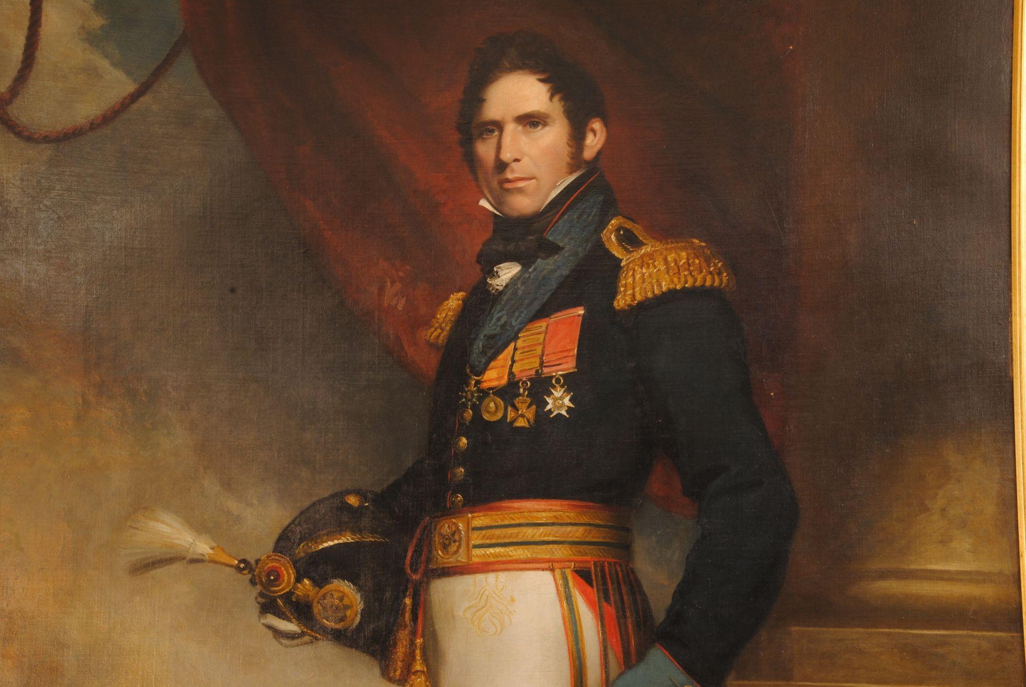 This full lenght portrait is of a British officer who fought during the Napoleonic Wars due to the
Orders, Decorations & Medals he's wearing: round his neck he appears to have
the Portuguese Order of the Tower & Sword, then from left to right as