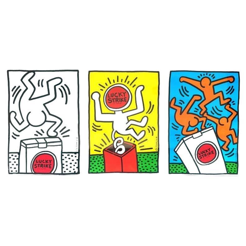 A full set of framed Keith Haring screen prints "Lucky Strike I, II, III" 1987 For Sale