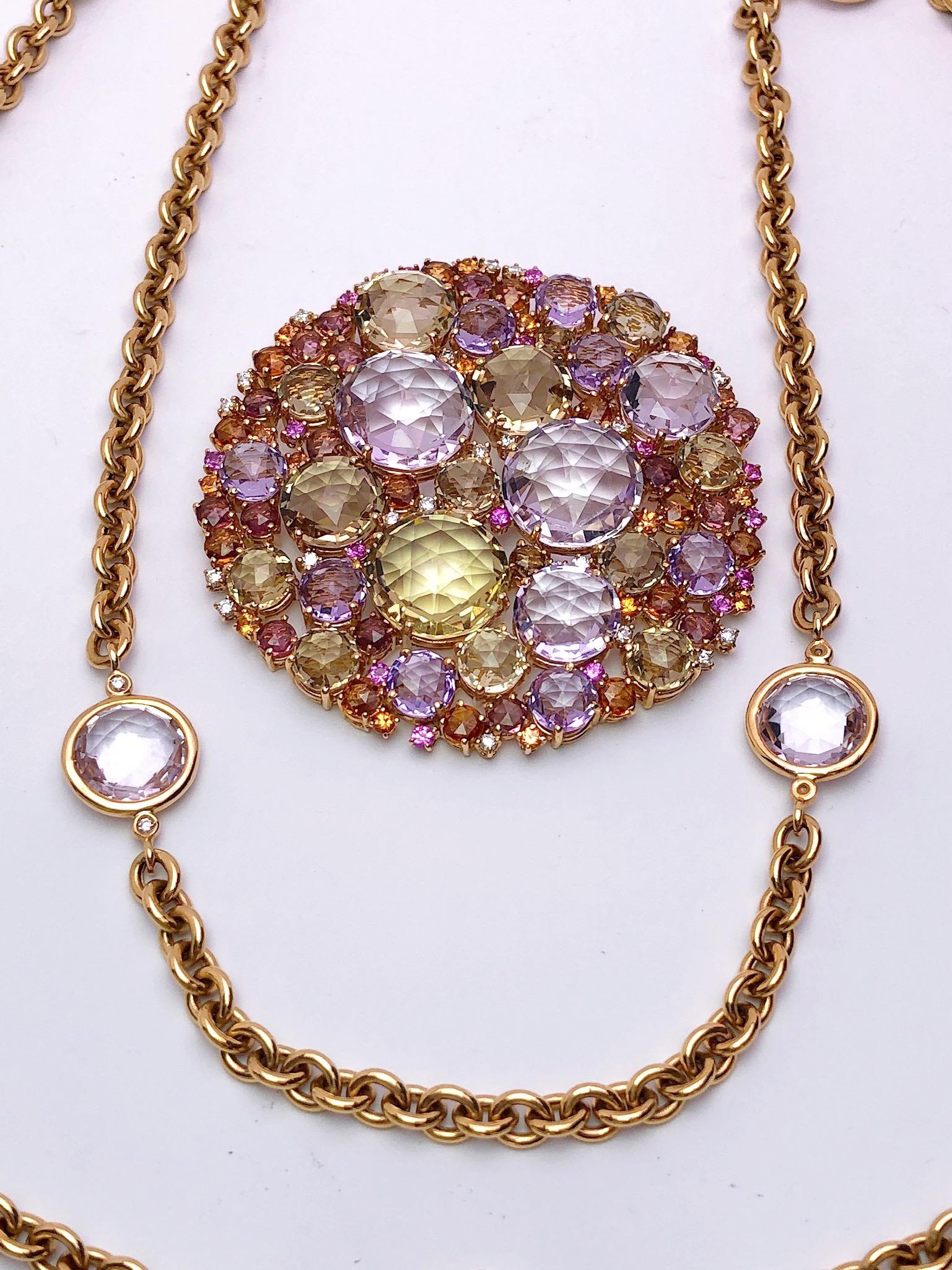 A & Furst 18 Karat Gold Sapphire and Semi Precious Bouquet Pendant and Chain For Sale 4