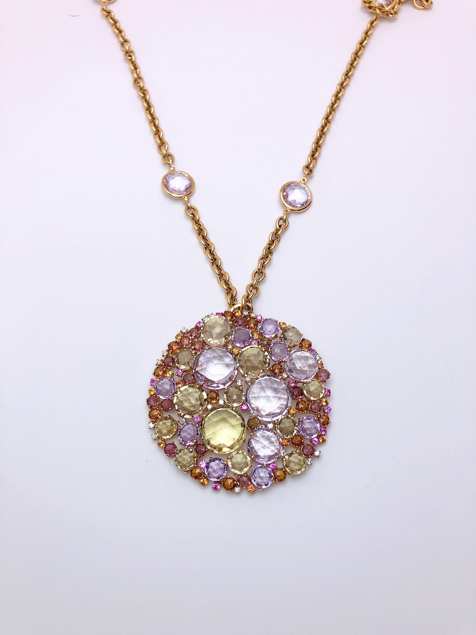 A & Furst 18 Karat Gold Sapphire and Semi Precious Bouquet Pendant and Chain In New Condition For Sale In New York, NY