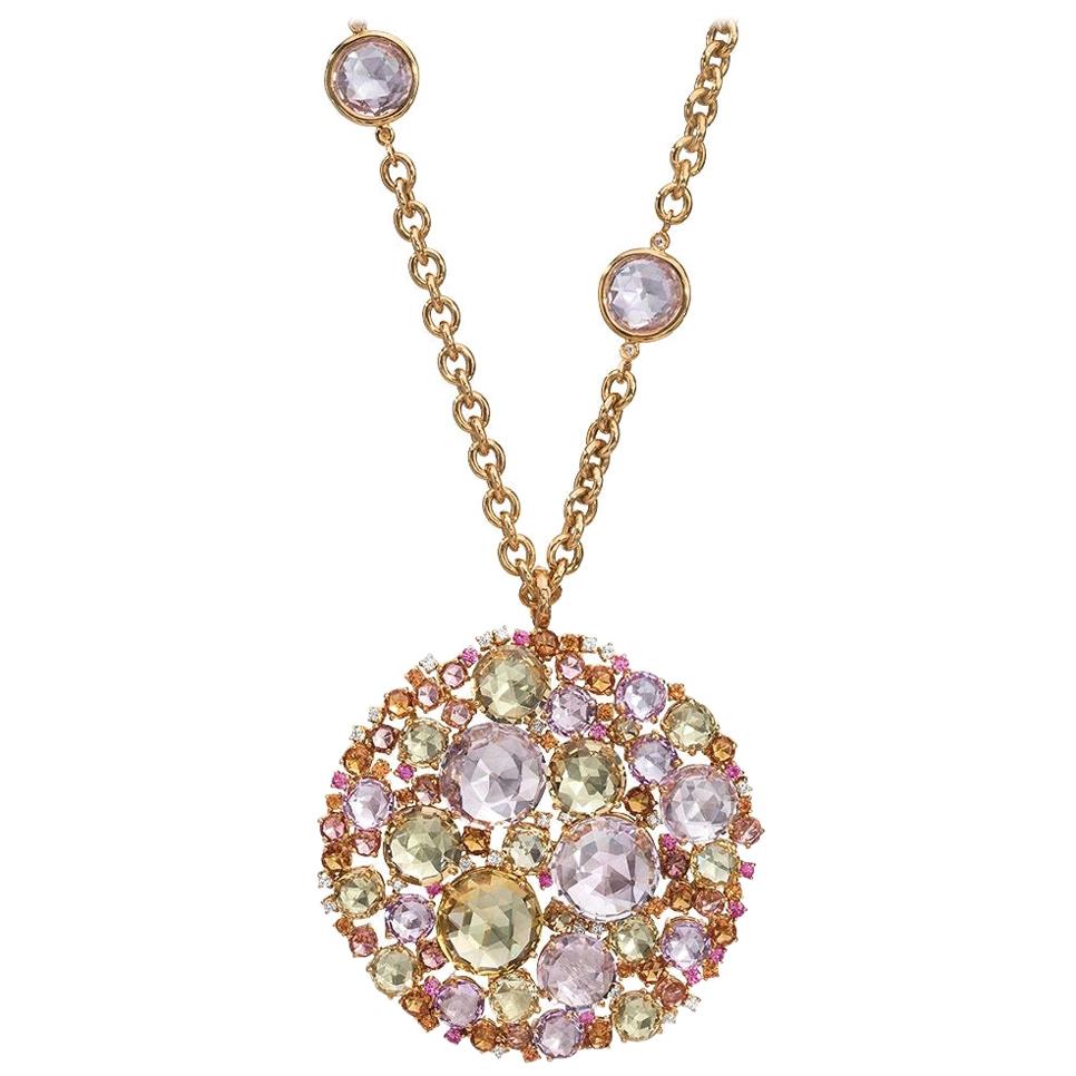 A & Furst 18 Karat Gold Sapphire and Semi Precious Bouquet Pendant and Chain For Sale