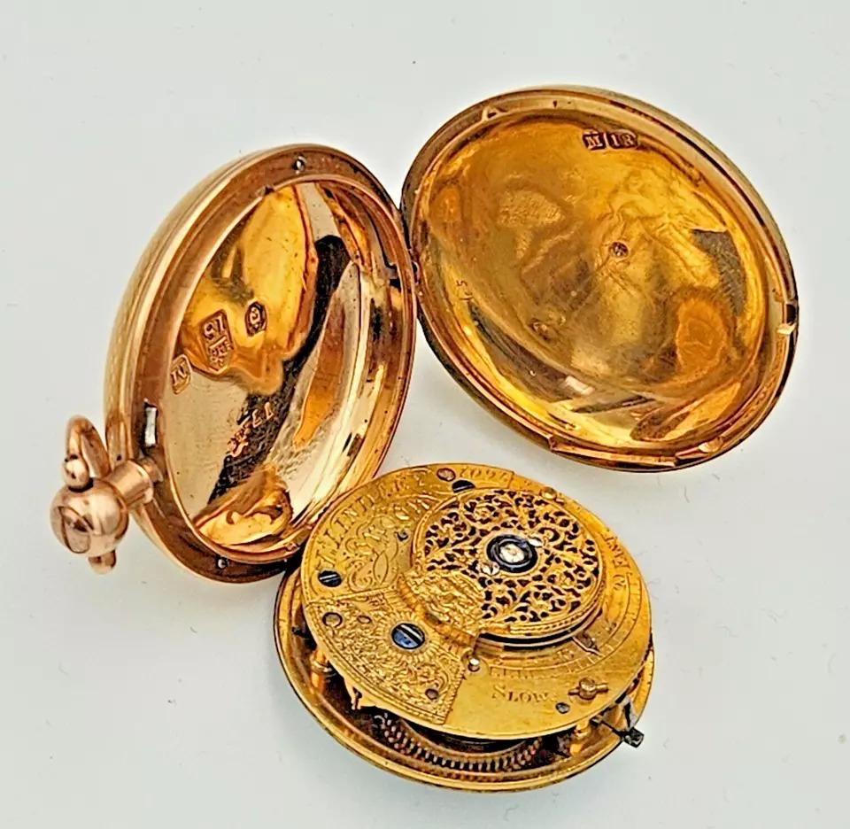 Antique 18k Gold Verge Fusee Full Hunter Pocket Watch – London 1807 In Excellent Condition For Sale In Kenley surrey, GB