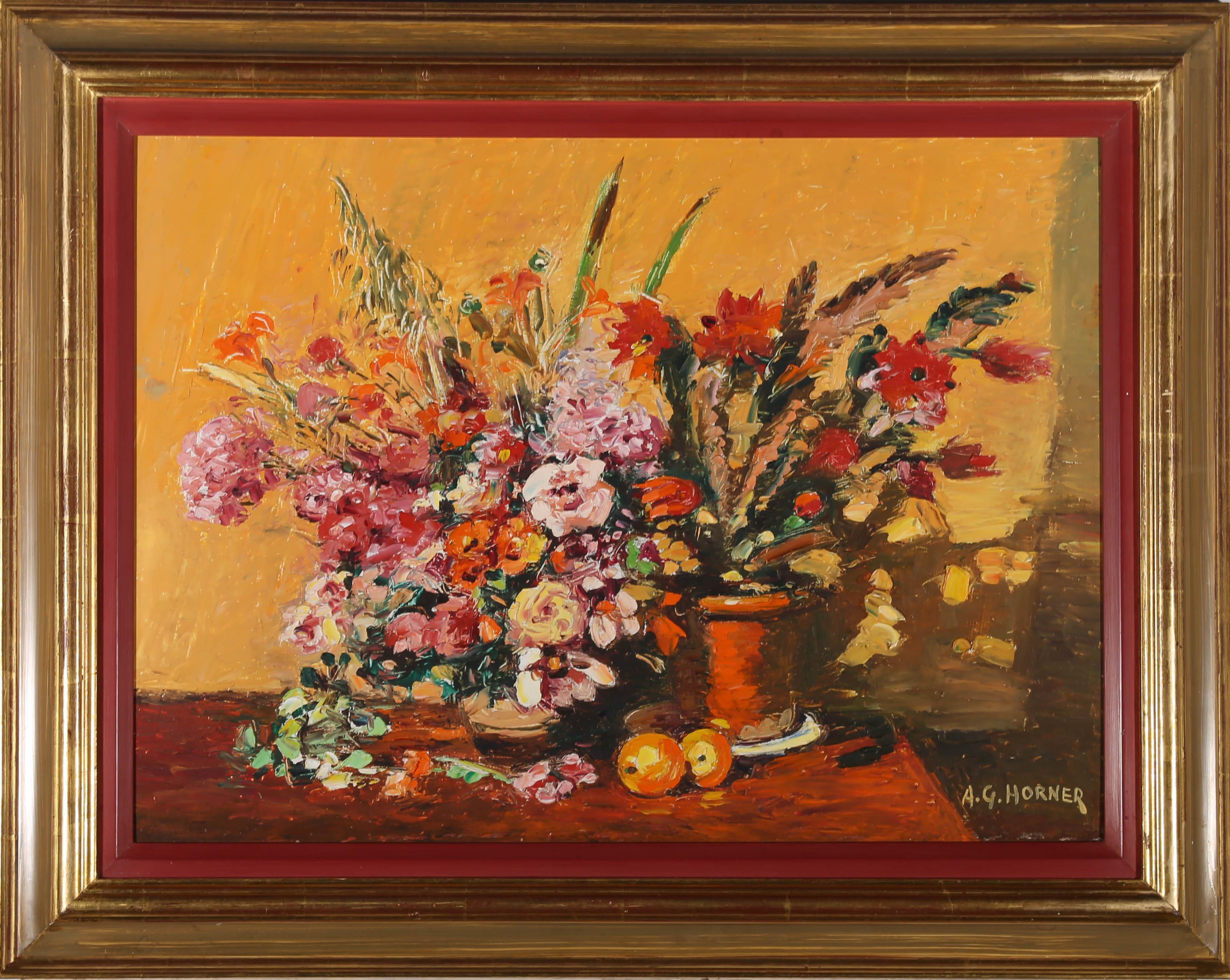 This bold still life study incorporates vibrant colours and an expressive style to depict two puts of summer blooms. Signed to the lower right. Presented in a gilt frame with a red painted gilt slip. On board.
