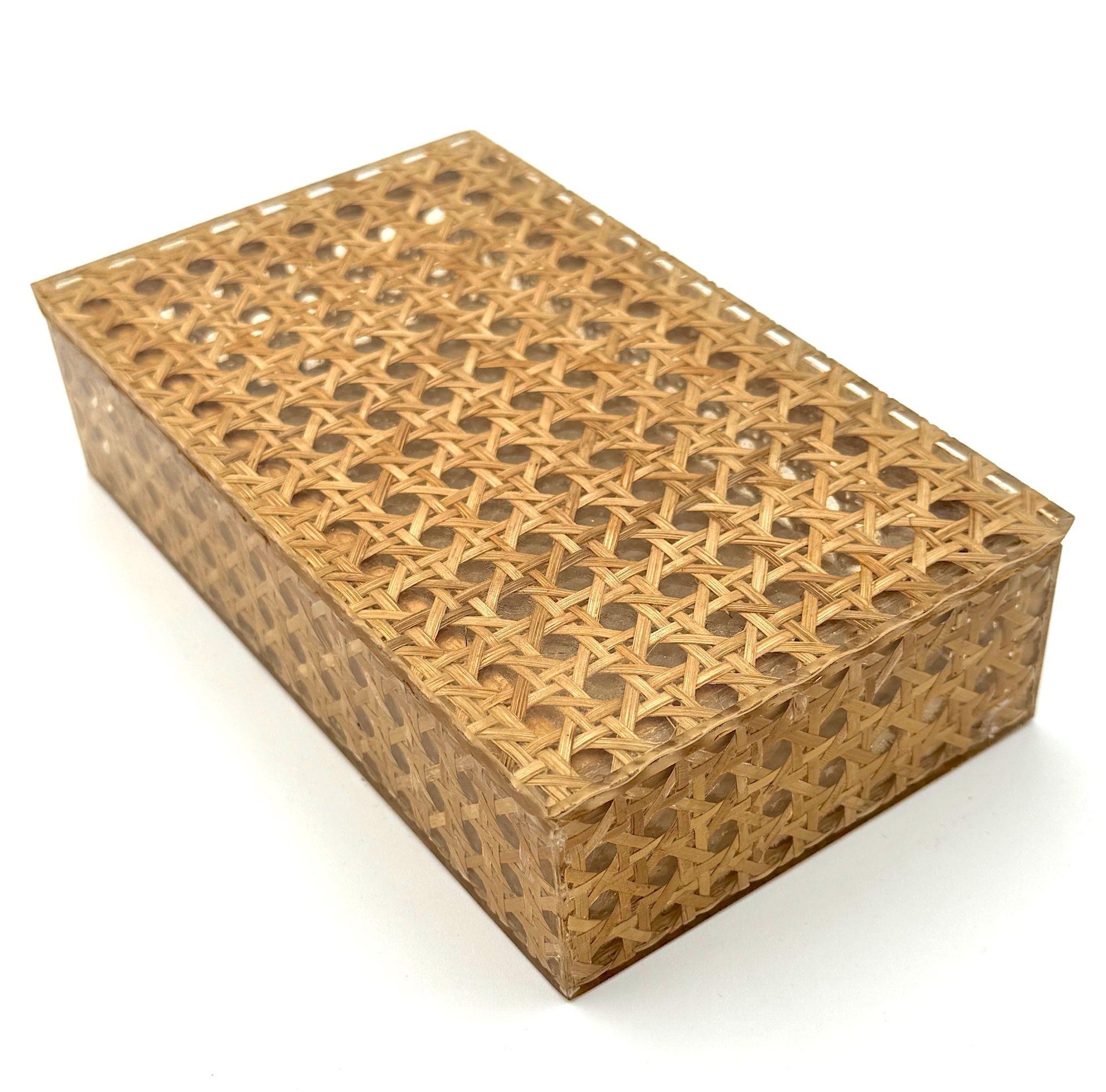 A Gabriella Crespi style Italian 1970s lucite and woven rattan two box set For Sale 10