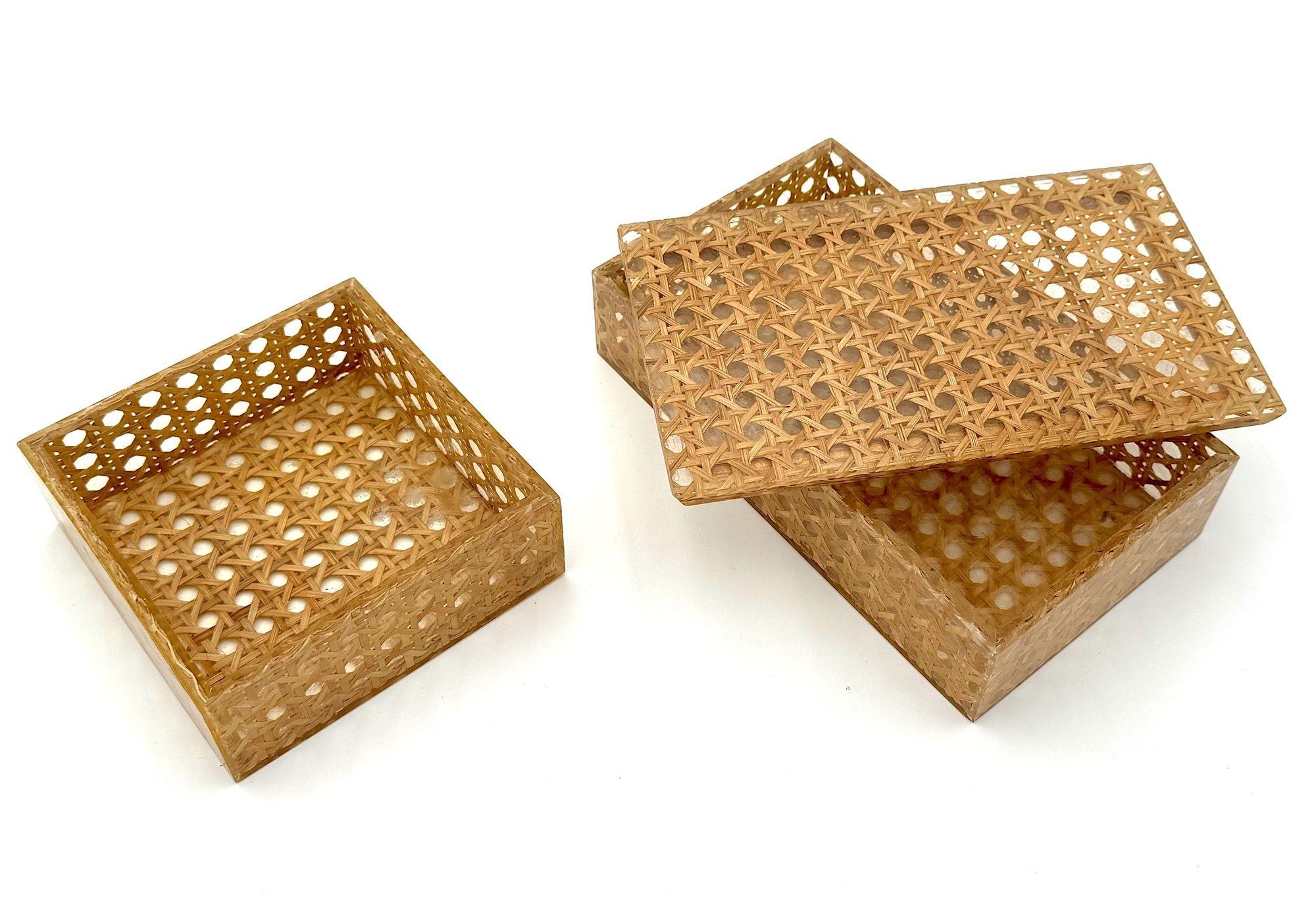 Late 20th Century A Gabriella Crespi style Italian 1970s lucite and woven rattan two box set For Sale