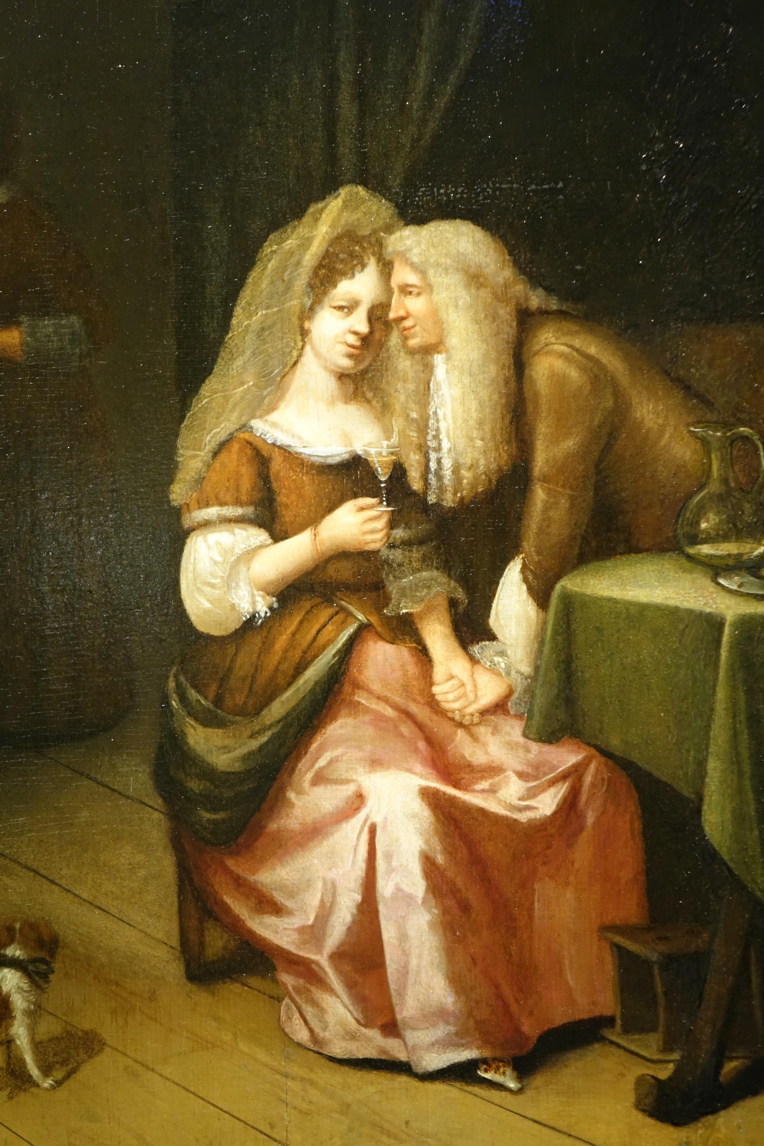 Louis XIV A Galant Scene, Oil on Panel Attributed to Van Mieris, 17th century. For Sale