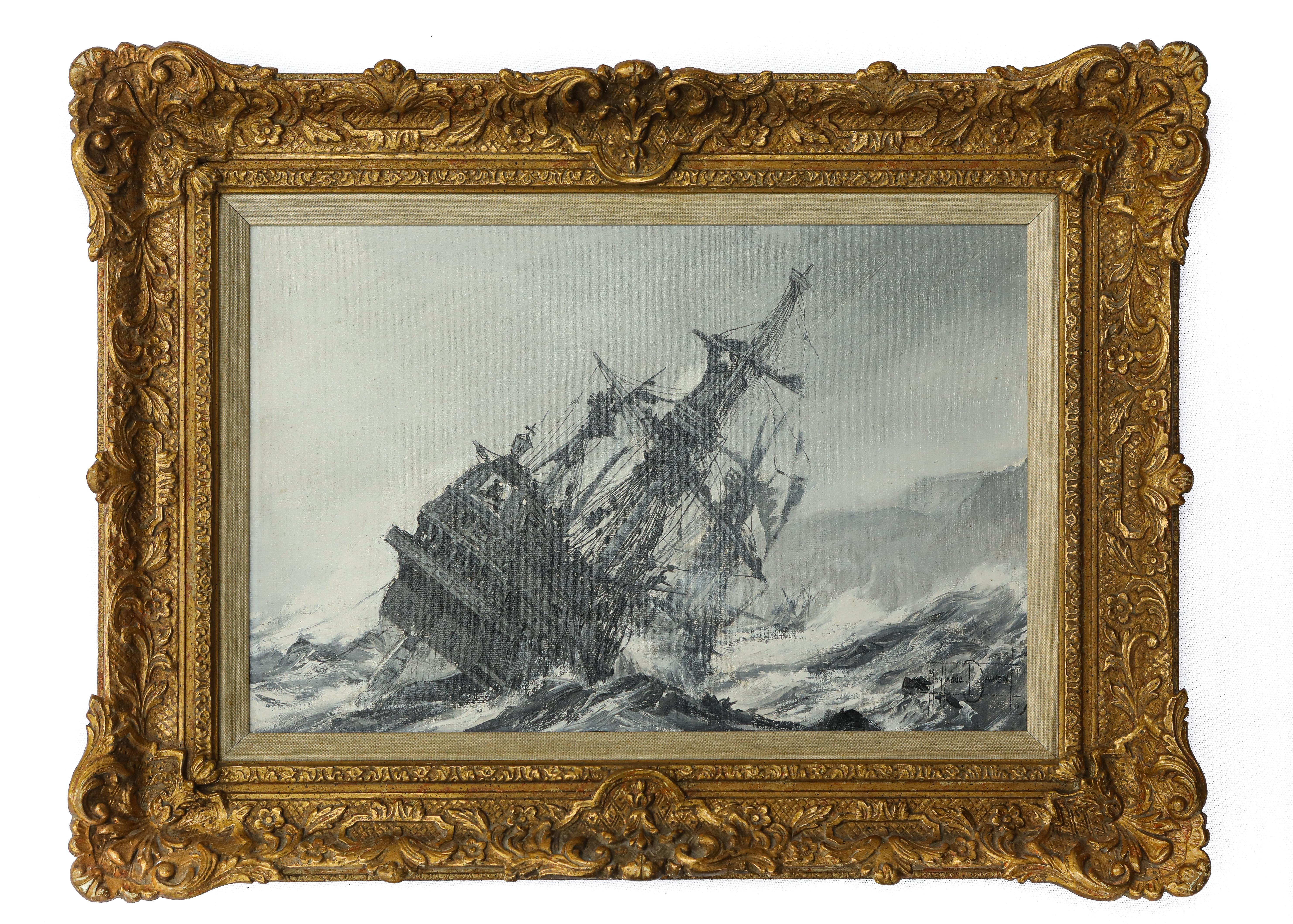 ‘A Galleon in Distress’ by Montague Dawson, a grisaille oil on canvas showing a galleon on port tack in grave danger of being wrecked on a rocky lee shore, with shredded sails and waves threatening to scupper her through her open gun ports, in the