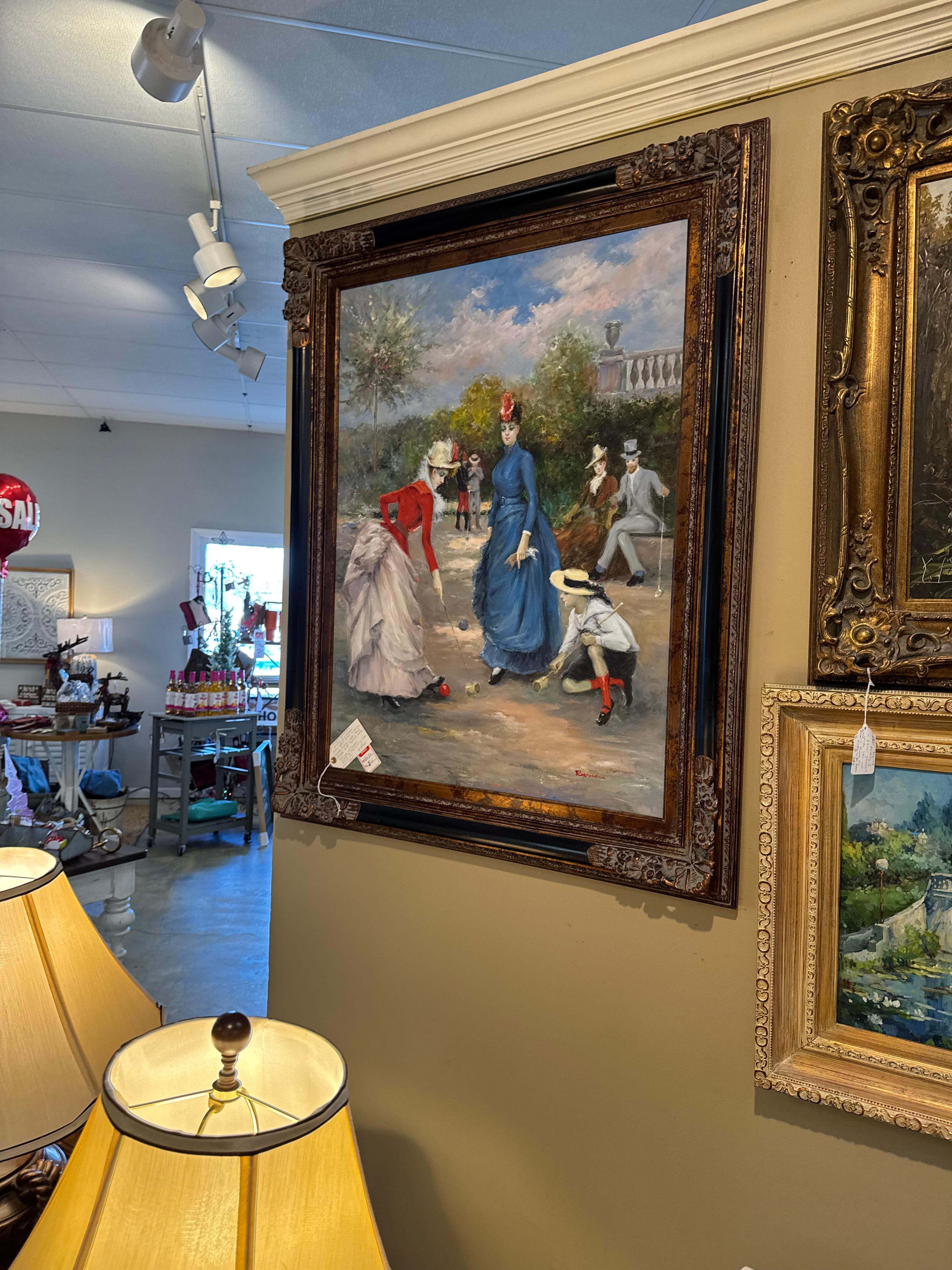 Stunning painting named  9A game of Croquet ) by the original Francesco Miralles Galaup painting) the child kneeling ·  replica of 19th century European art , woman were wearing ball  garment · mid adult · medium group of people · tree ·