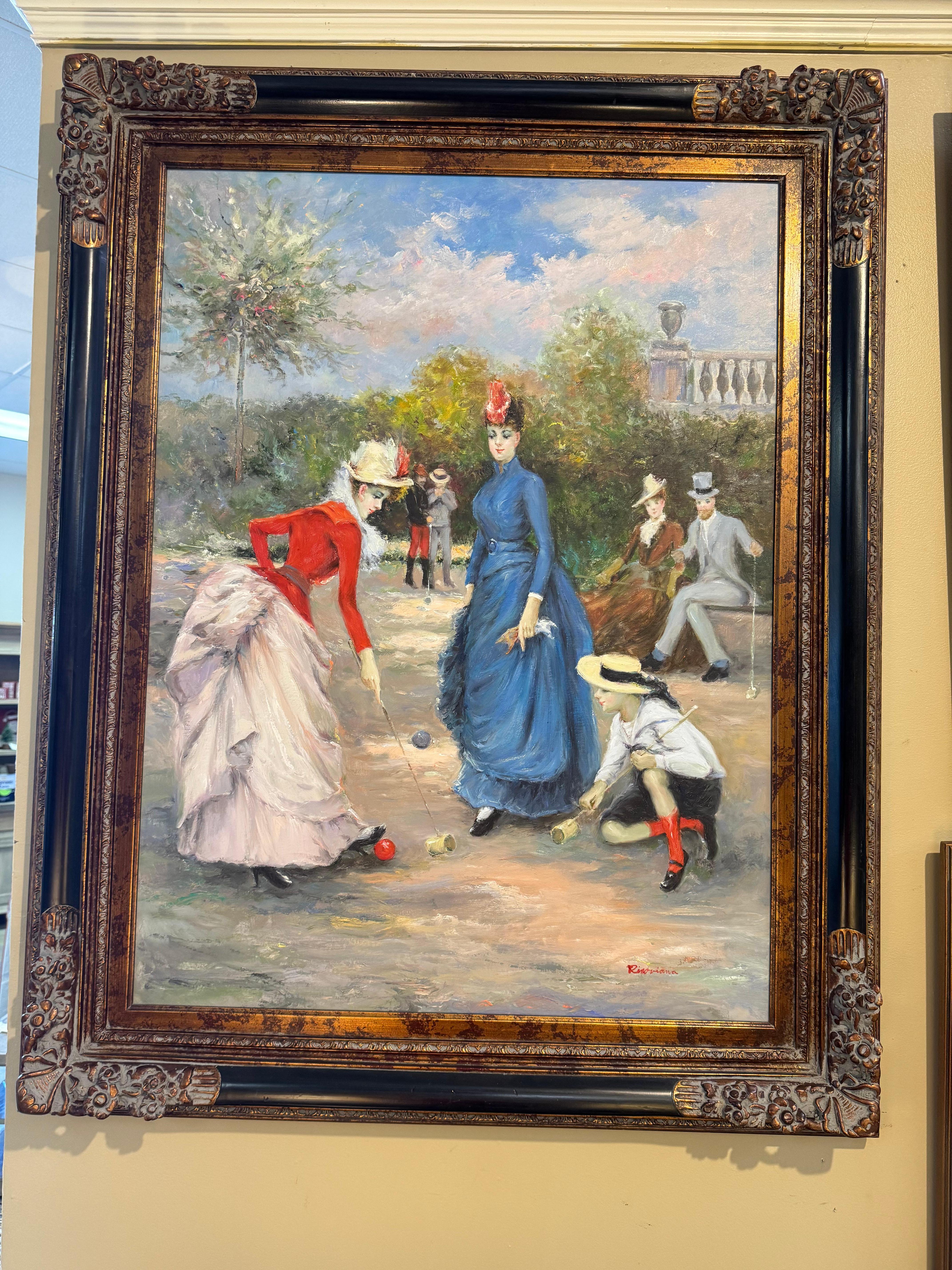 American Colonial Painting after Francesco Miralles Galaupa 19th century painting game of Croquet