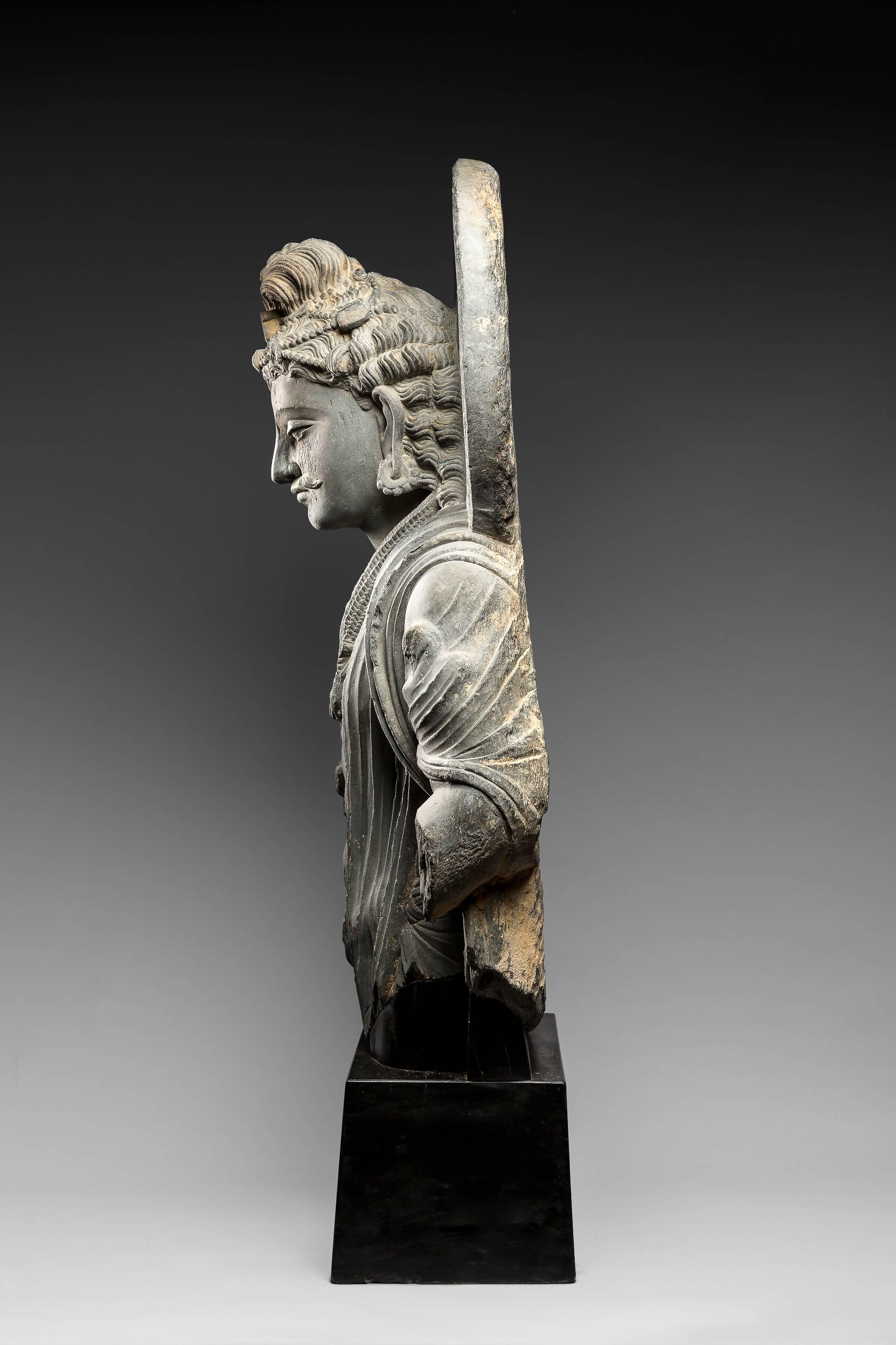Carved Gandharan Gray Schist Bust of Maitreya, 2th-3th Century For Sale