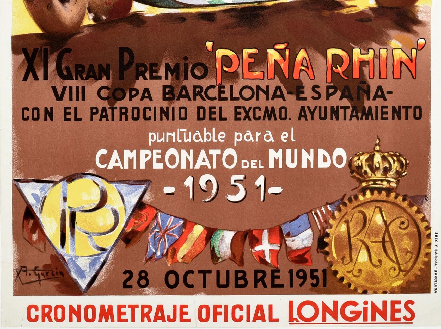 Original vintage Formel Eins GP Motorsport Plakat für die Weltmeisterschaft spanischen Grand Prix Pedralbes Circuit / Gran Premio De Espana Circuito Pedralbes am 28. Oktober 1951 mit einem bunten und dynamischen F1-Autorennen Design eines