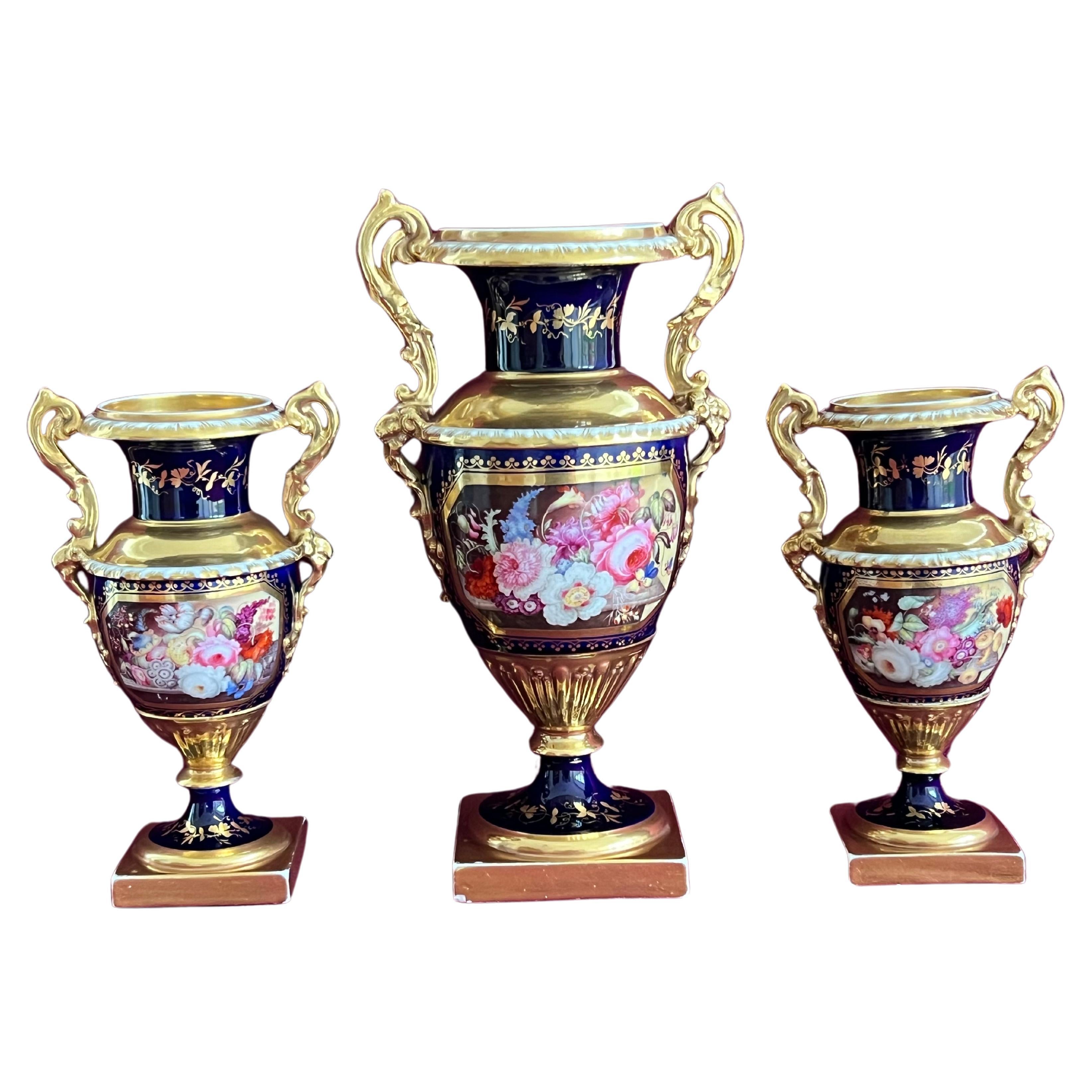 A Garniture of Minton Porcelain Vases decorated by Thomas Steel c.1830 For Sale
